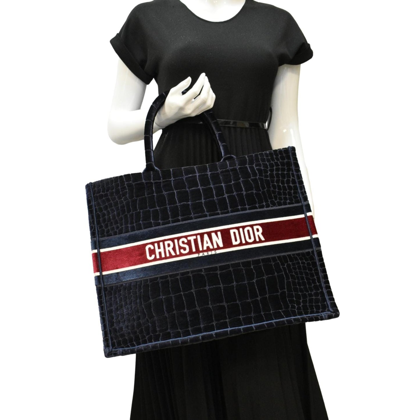 Dior Book Velvet Tote Bag Navy Large Embossed