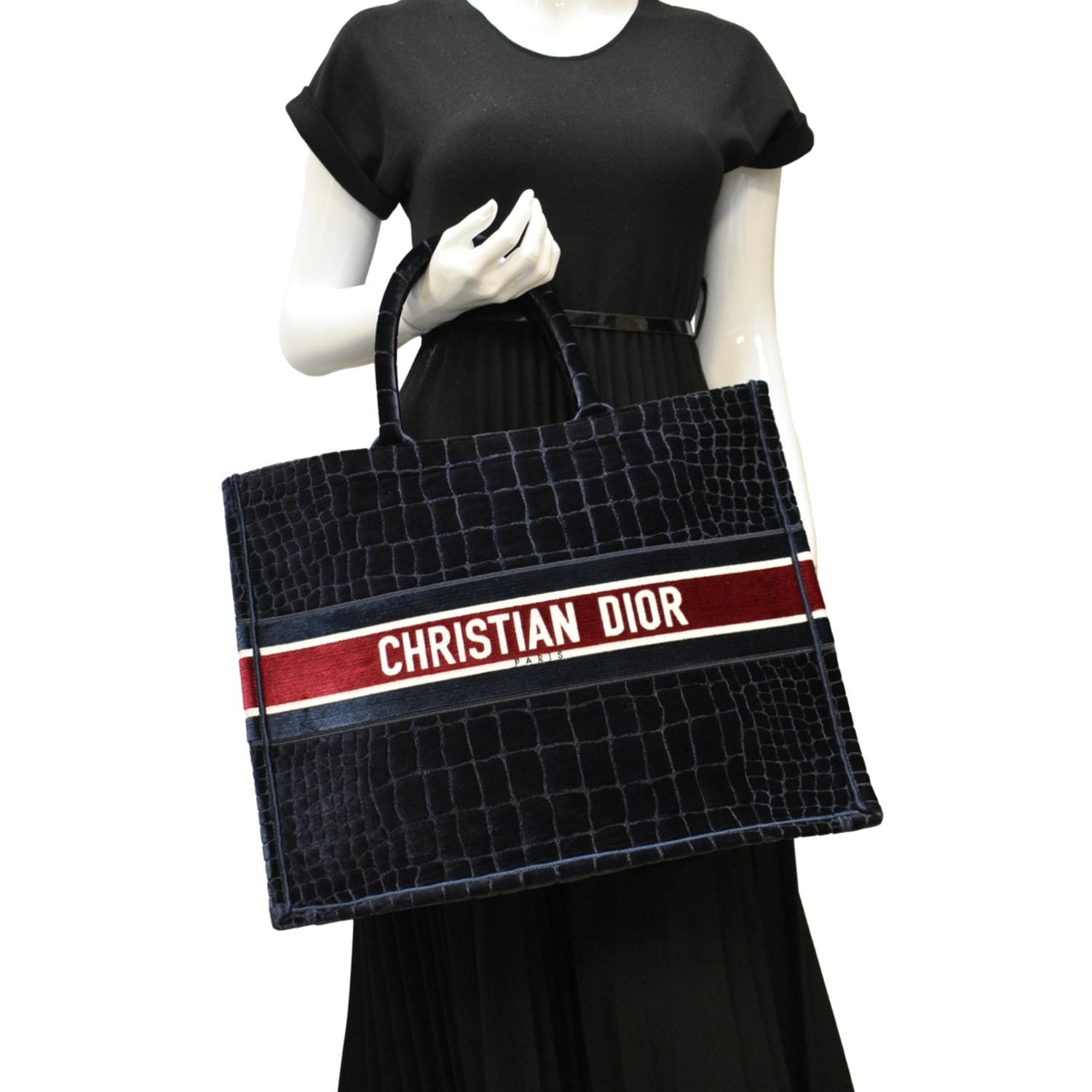 Dior Book Embossed Velvet Tote Bag Navy Large