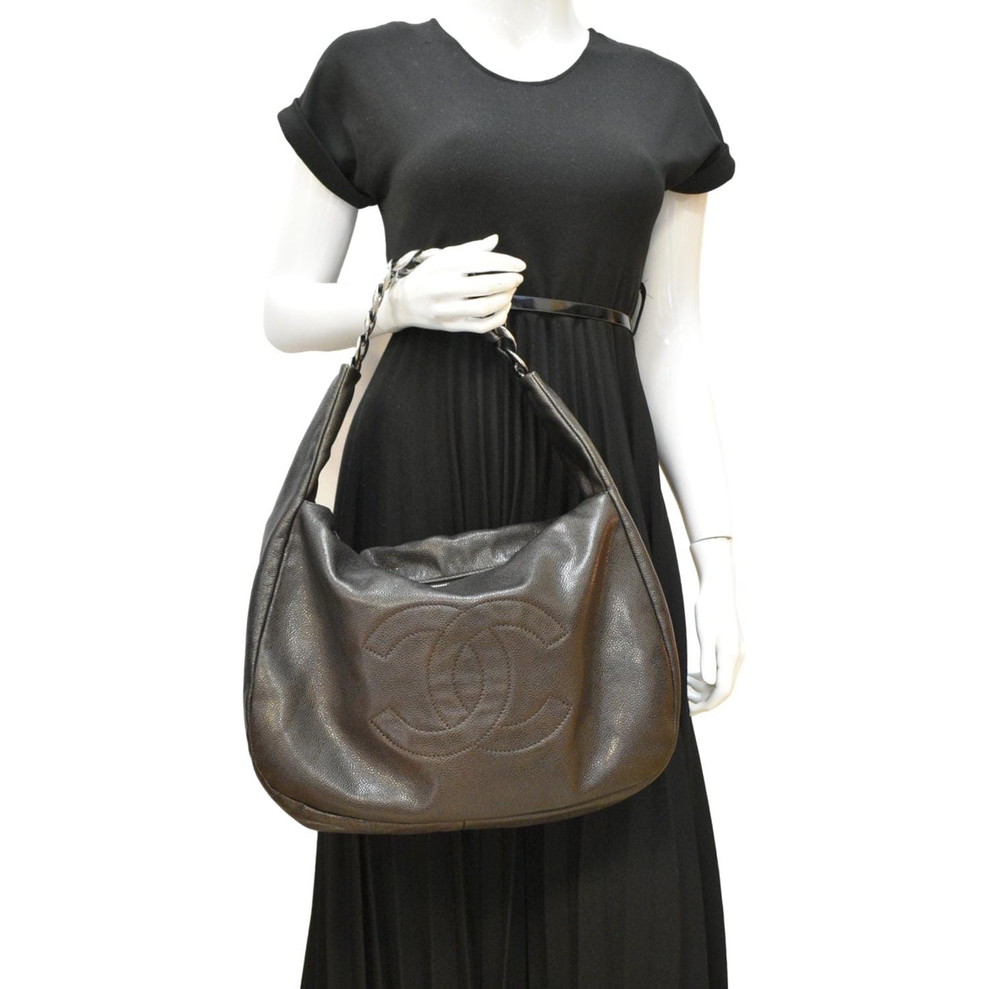 Chanel CC Caviar Hobo Dark Leather Brown Travel Bag
