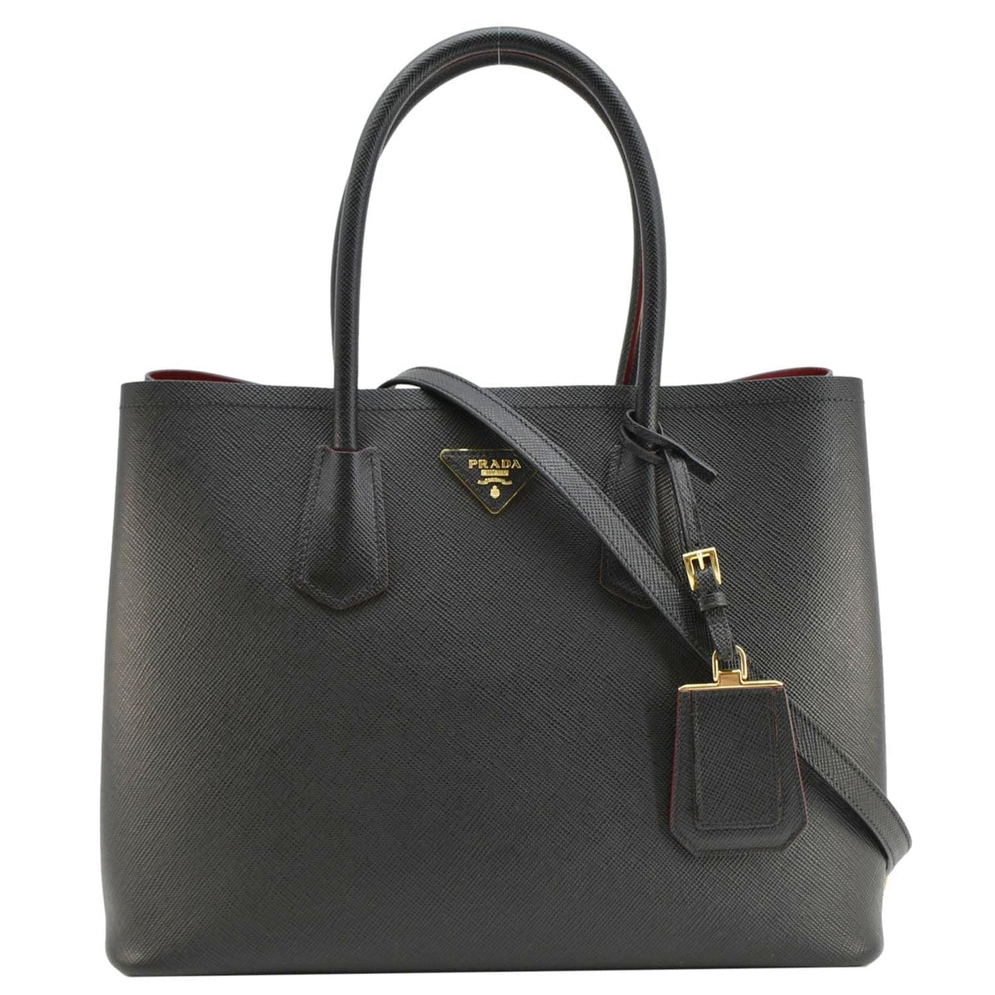 Prada Double Handle Tote Bag Leather Saffiano Black