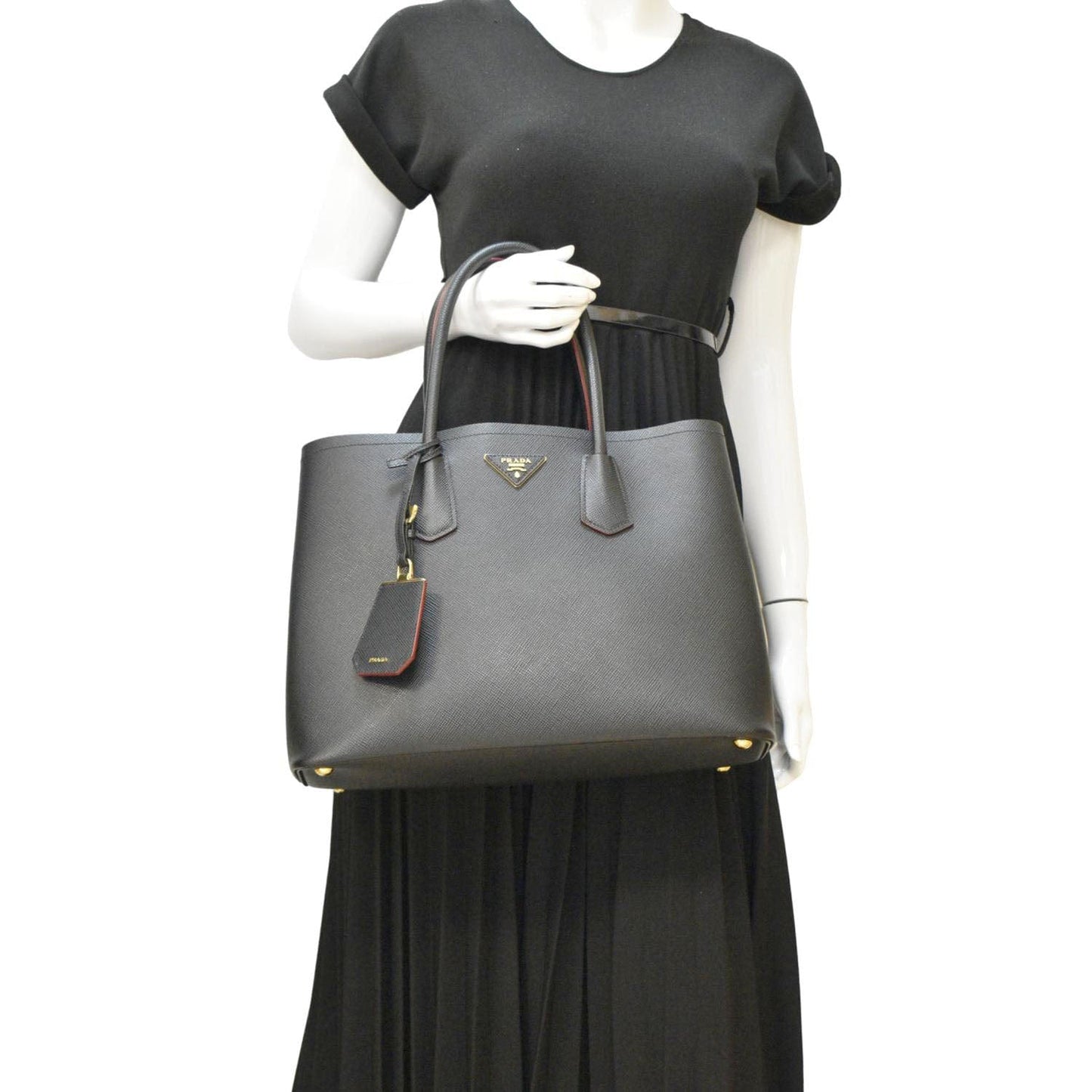 Prada Double Handle Tote Bag Leather Saffiano Black