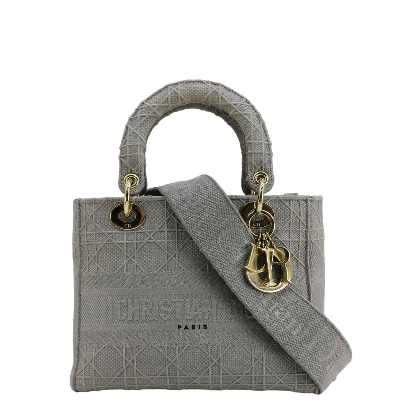 Dior Lady Lite Cannage Shoulder Bag Canvas Gray Embroidered