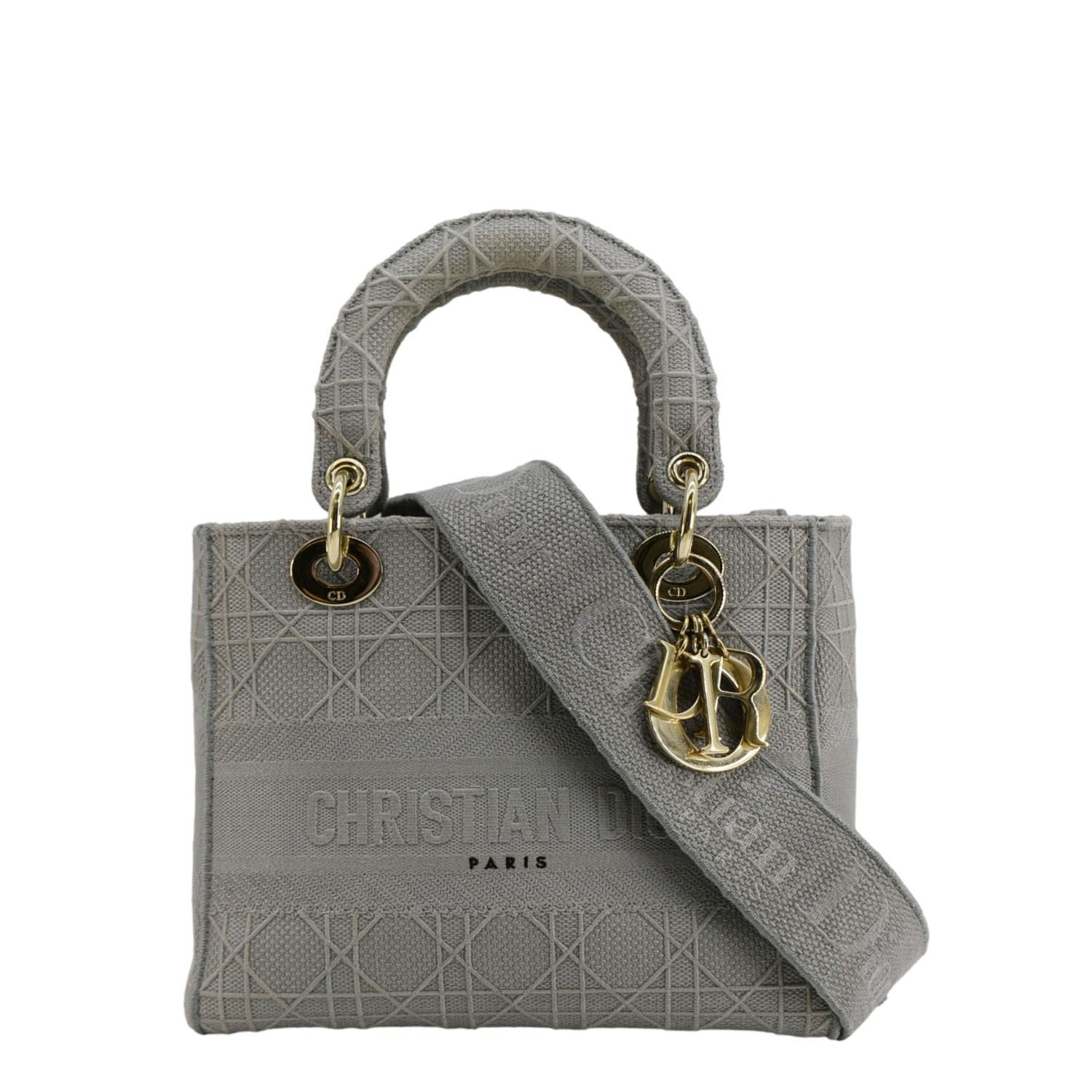 Dior Shoulder Bag Lady D-Lite Cannage Canvas Gray Embroidered