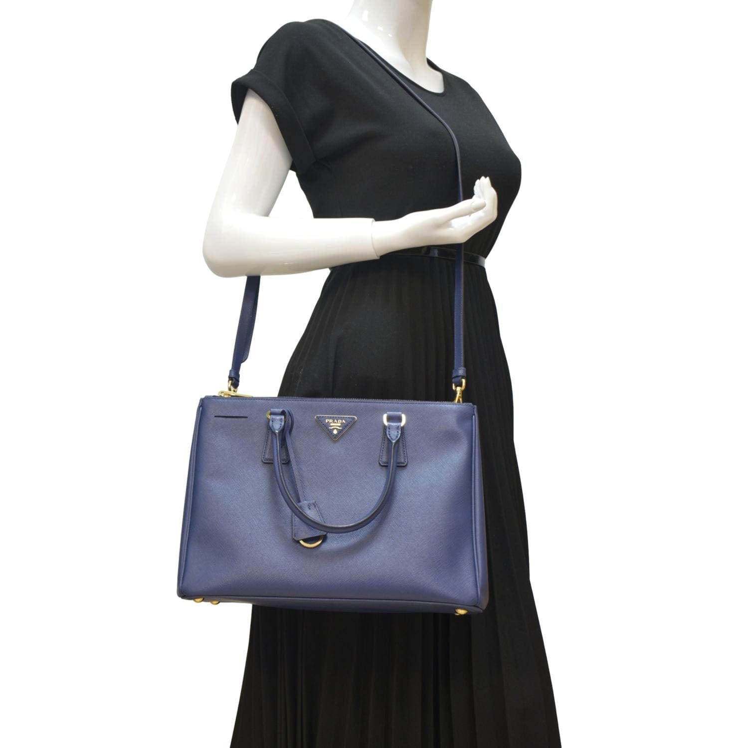 Galleria Double Zip Saffiano Tote Bag Navy Leather Blue