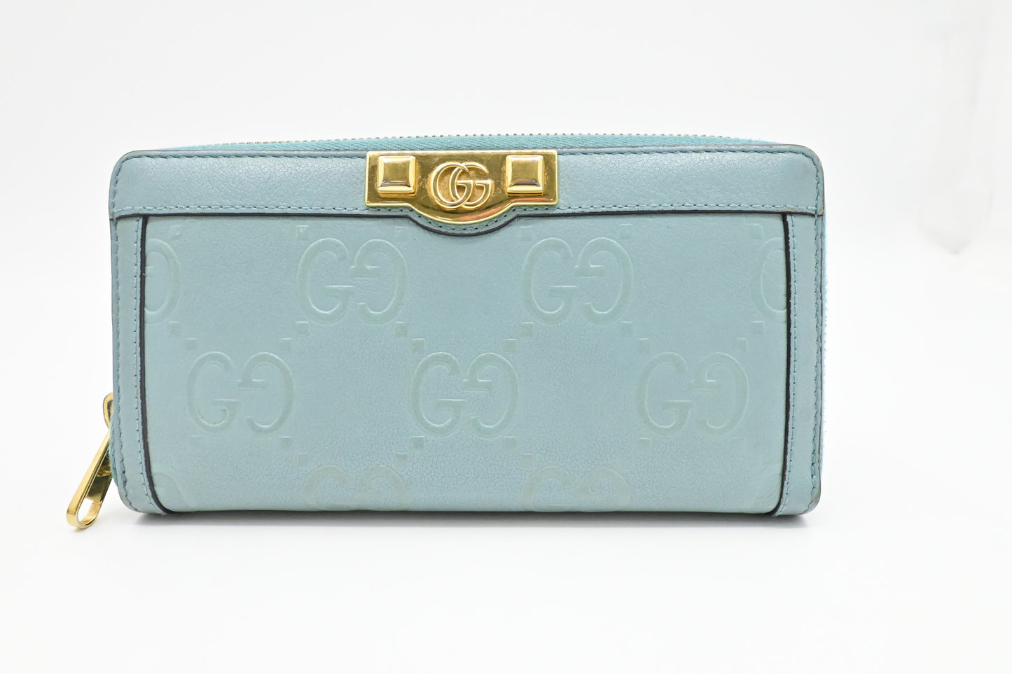 Gucci Long Zippy Light Leather Blue Wallet Case