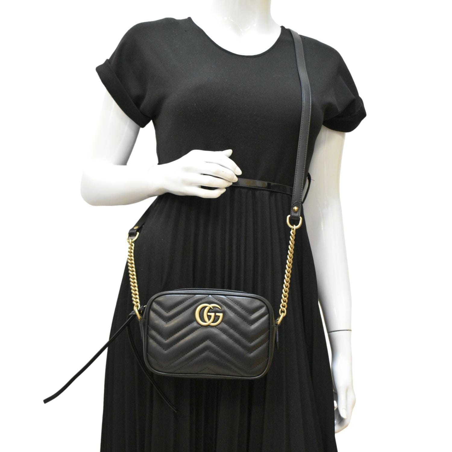 Gucci Marmont Calfskin Crossbody Camera Bag Matelasse Black Crossbody Bag
