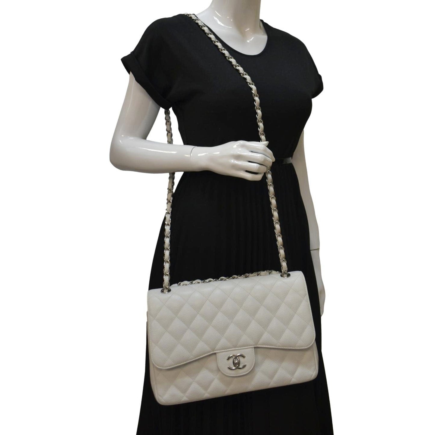 Chanel Jumbo Double Flap Quilted Caviar Leather White Travel Bag Bag 2