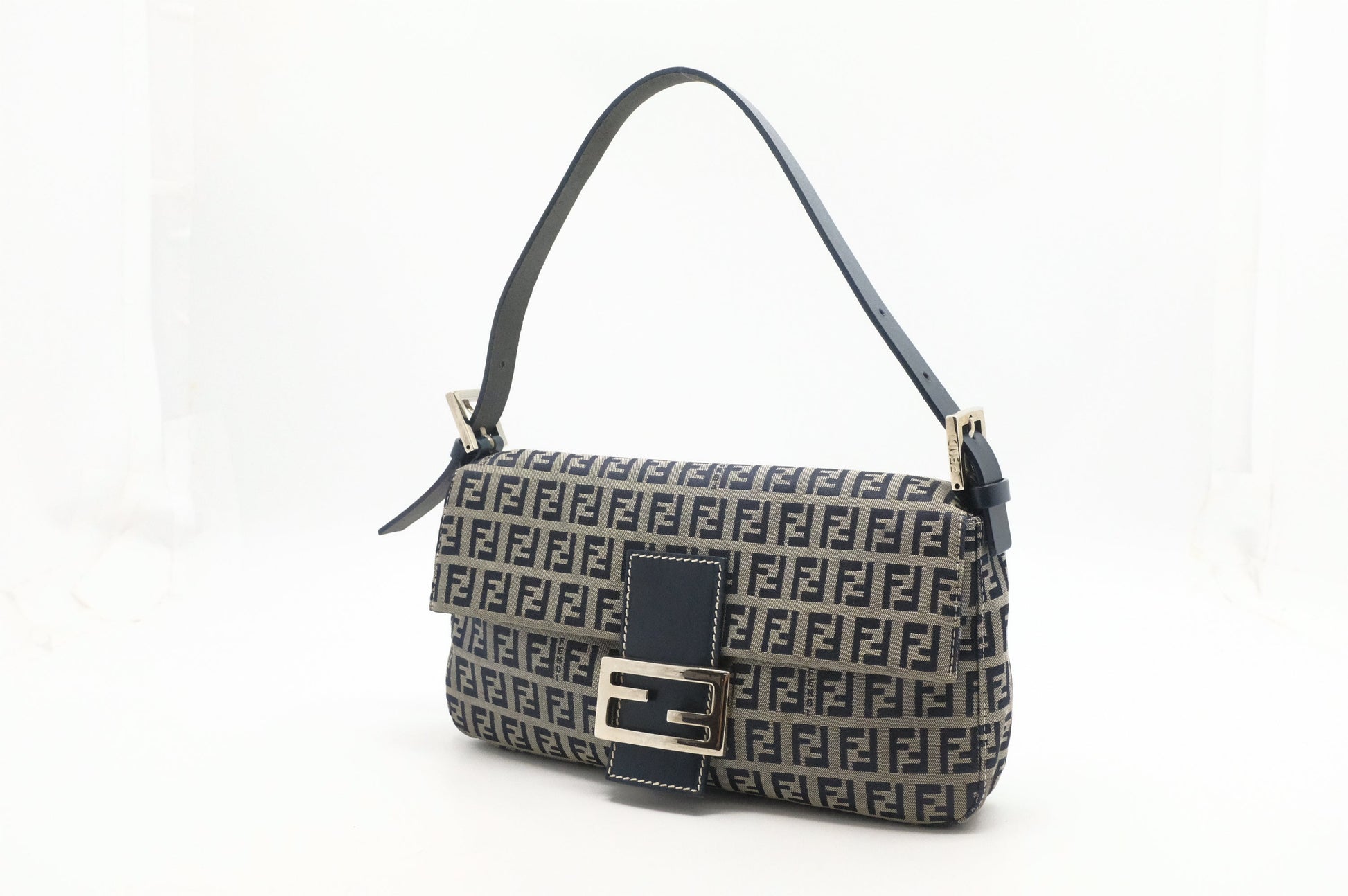 Fendi Baguette In Zucca Handbag Canvas Navy Shoulder Bag