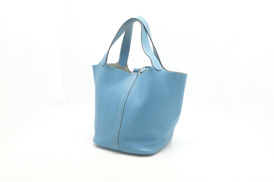 Hermes Picotin In Jean Handbag Leather Blue Travel Bag