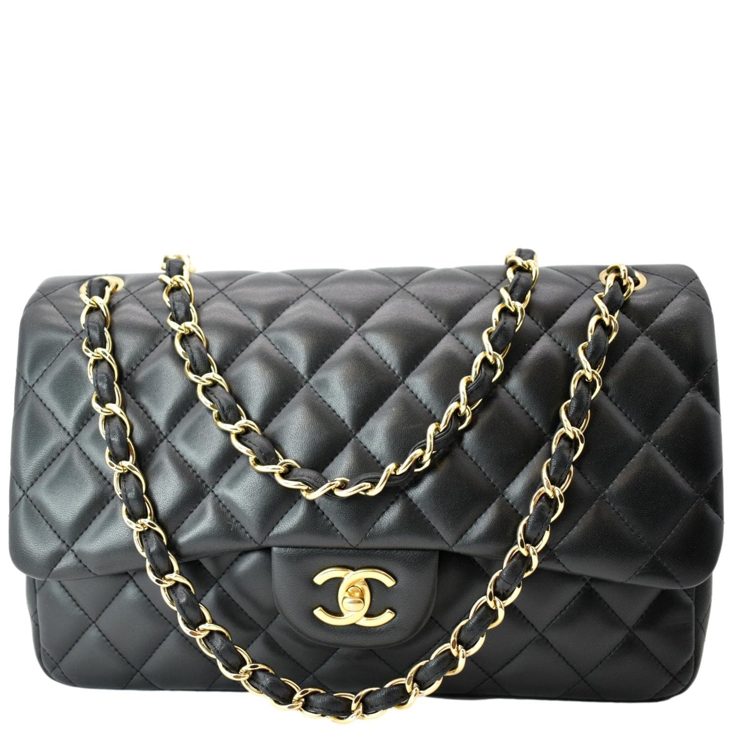Chanel Classic Jumbo Double Flap Leather Lambskin Black Travel Bag Jumbo Black