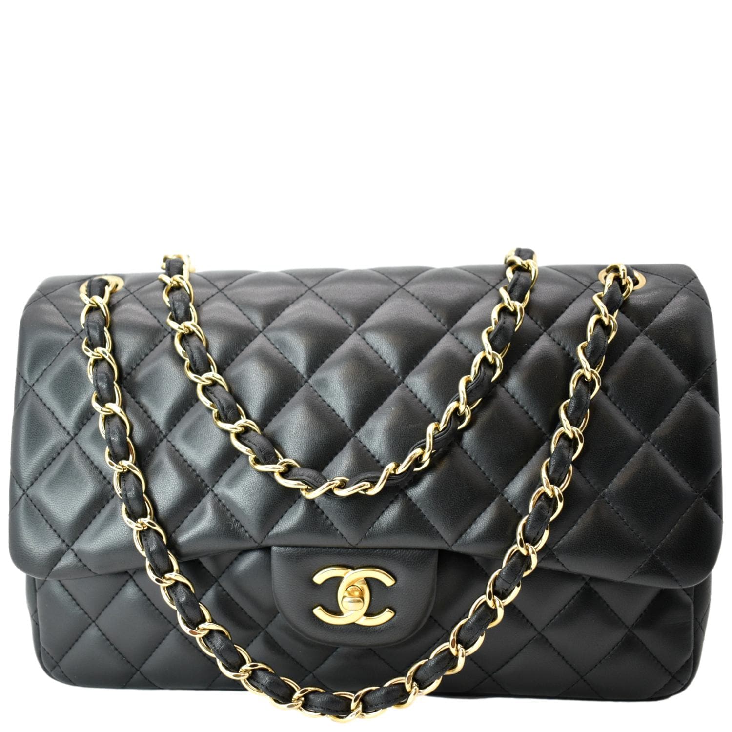 Chanel Classic Jumbo Double Flap Leather Lambskin Black Travel Bag Jumbo Black