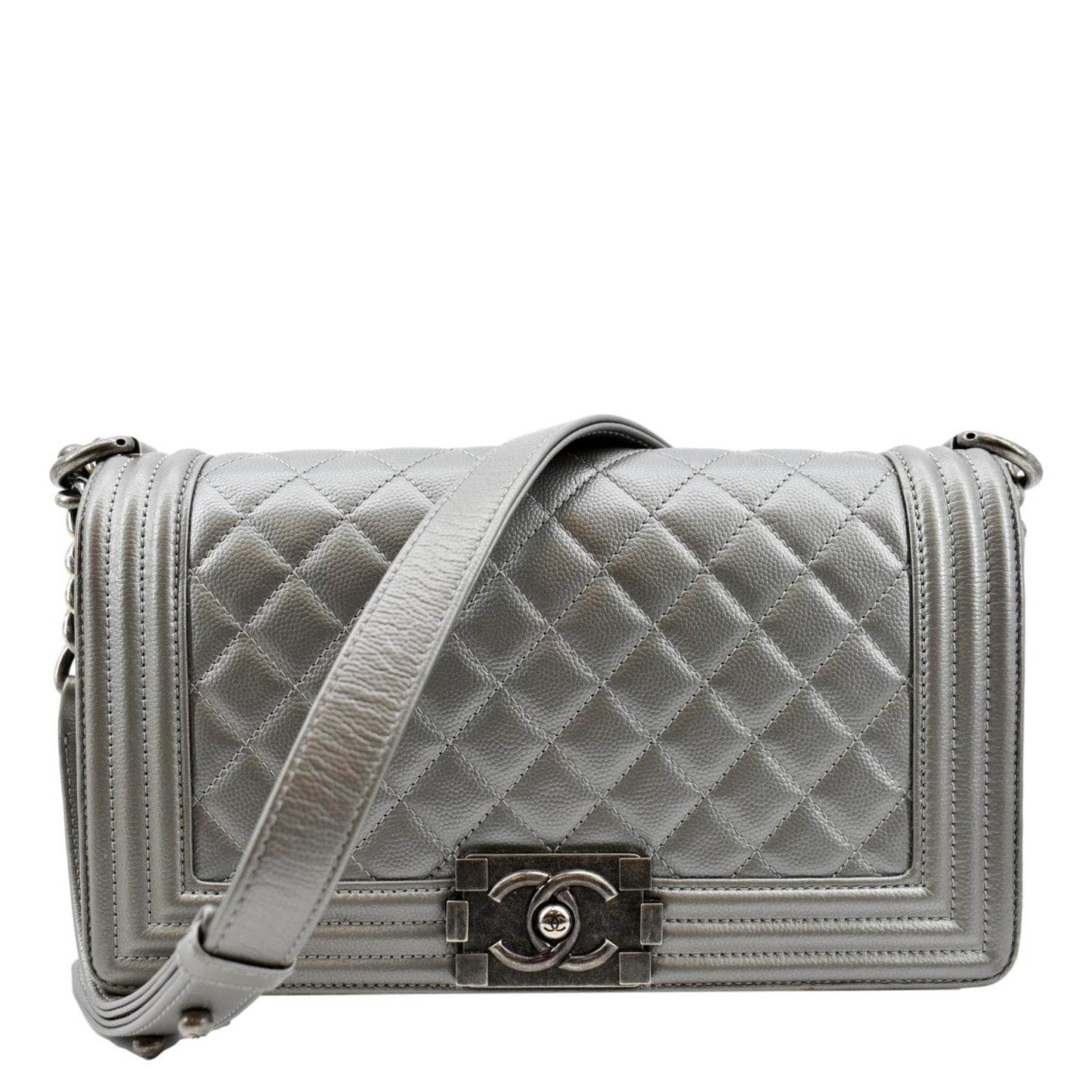 Chanel Boy Flap Caviar Leather Grey Travel Bag