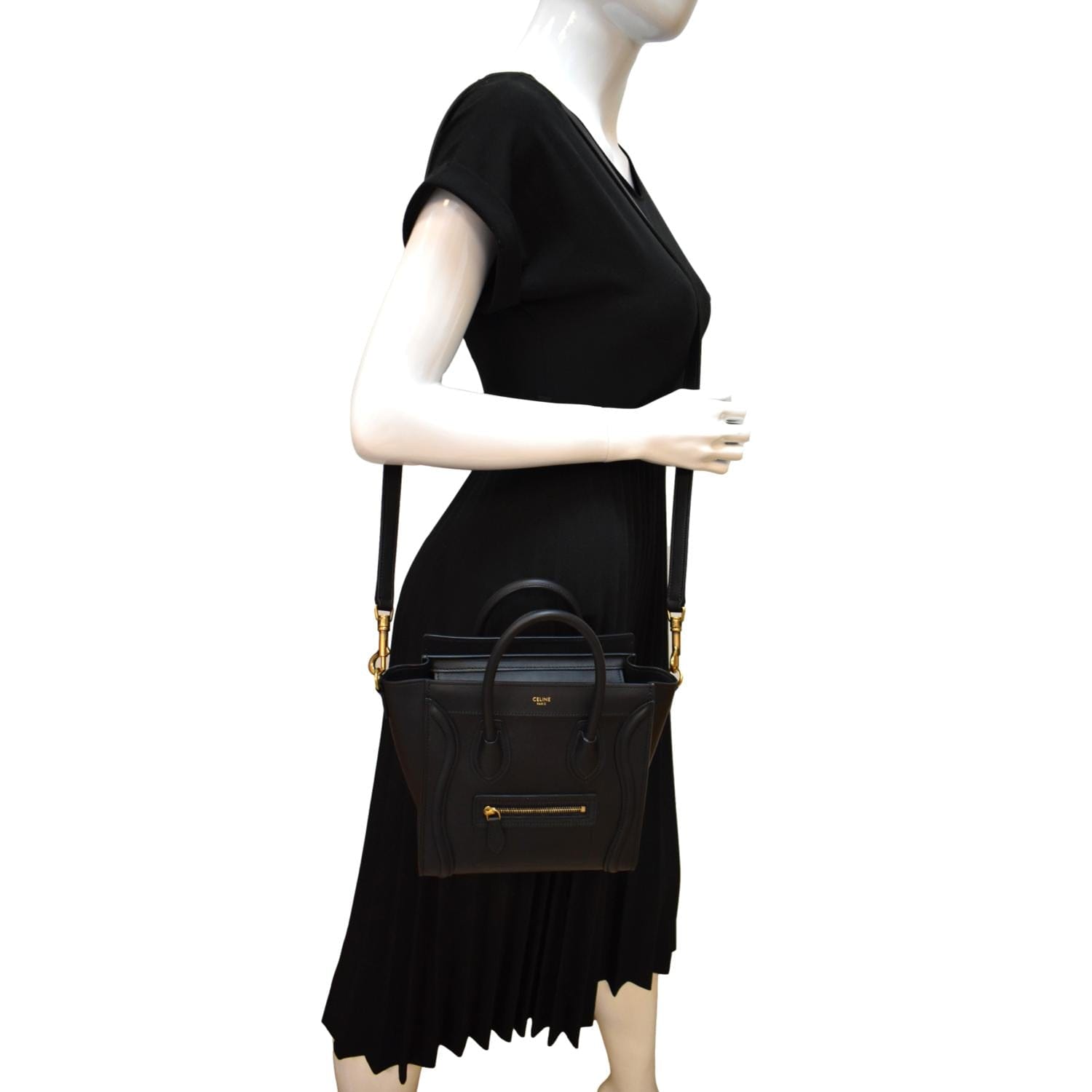 Nano Luggage Smooth Tote Crossbody Bag Leather Black