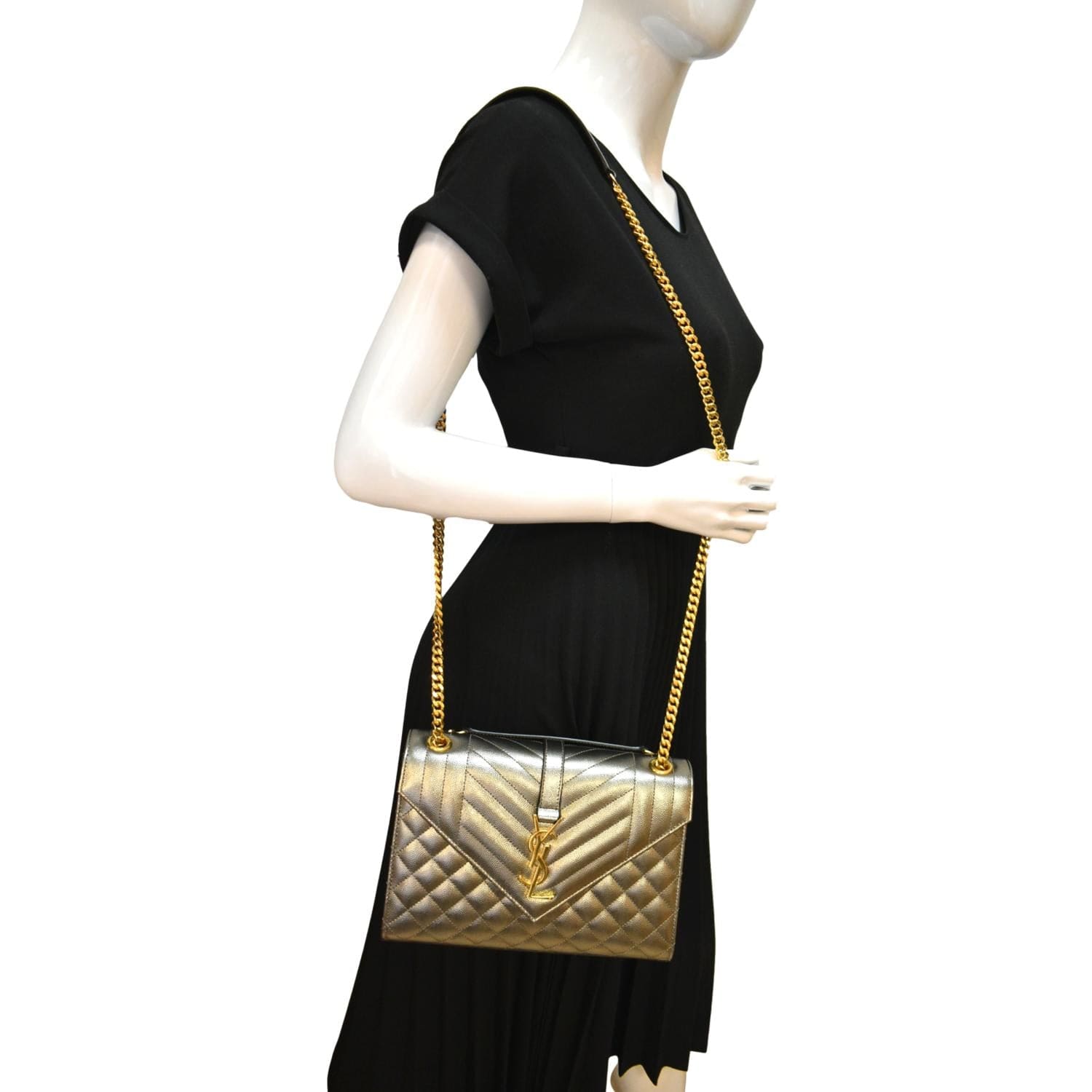 YSL Saint Laurent Yves Envelope Shoulder Bag Metallic Leather Matelasse Medium