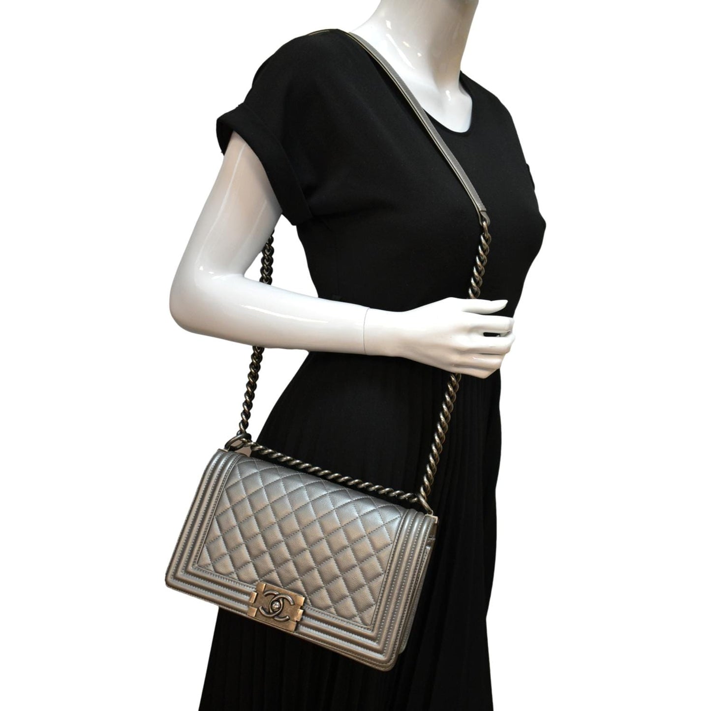 Chanel Boy Flap Caviar Leather Grey Travel Bag