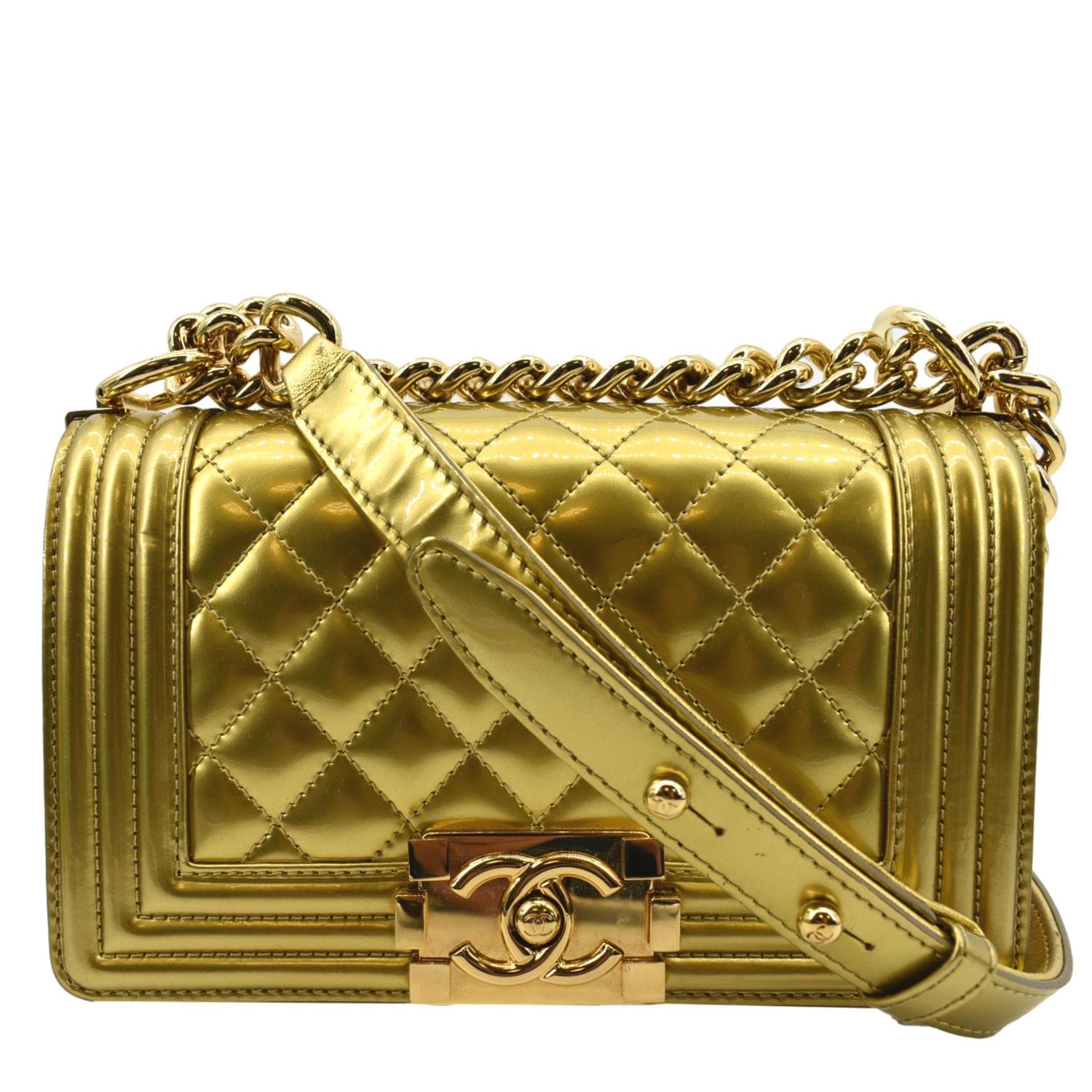 Chanel Boy Flap Quilted Patent Leather Gold Travel Bag
