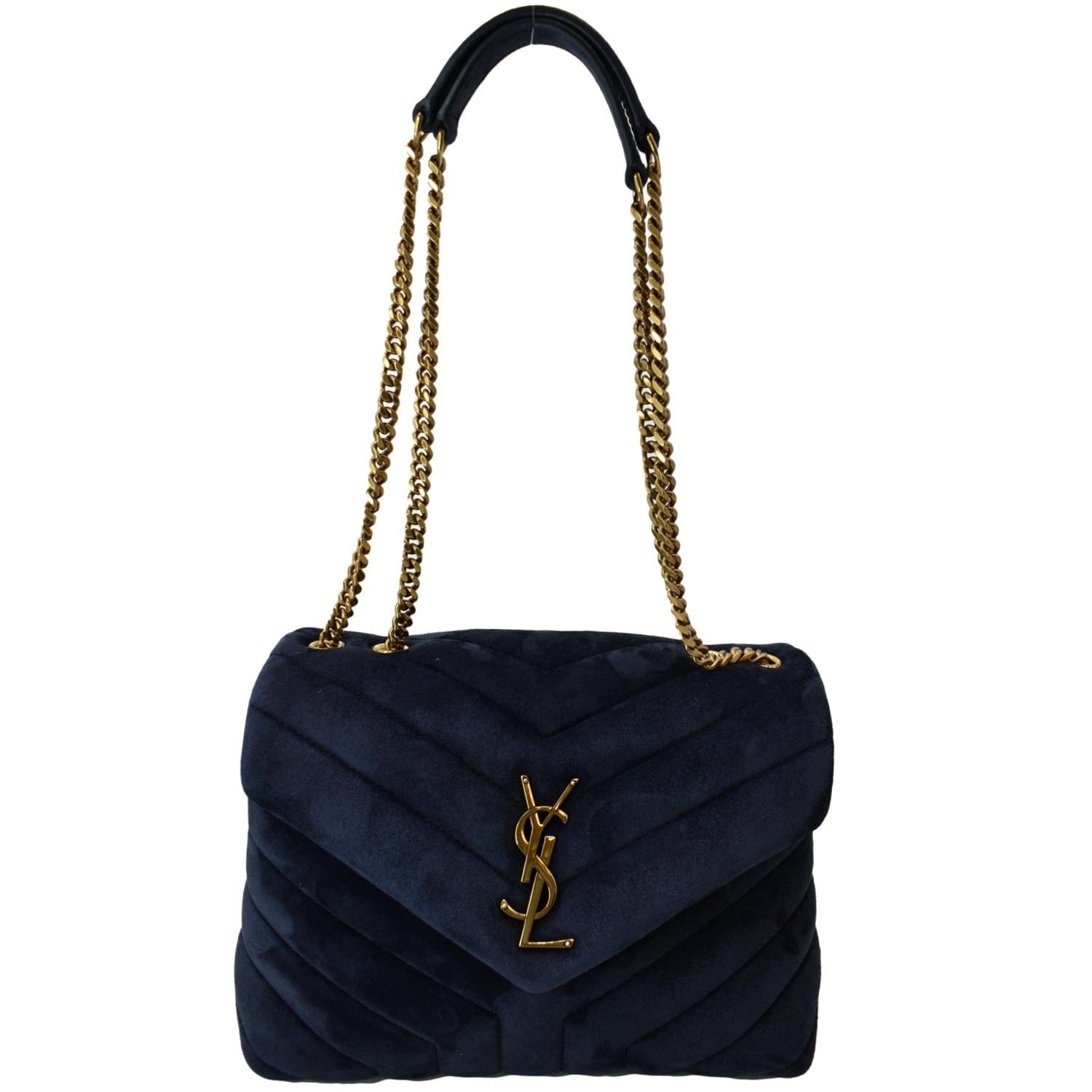 YSL Saint Laurent Yves Loulou Velvet Shoulder Bag Blue Small