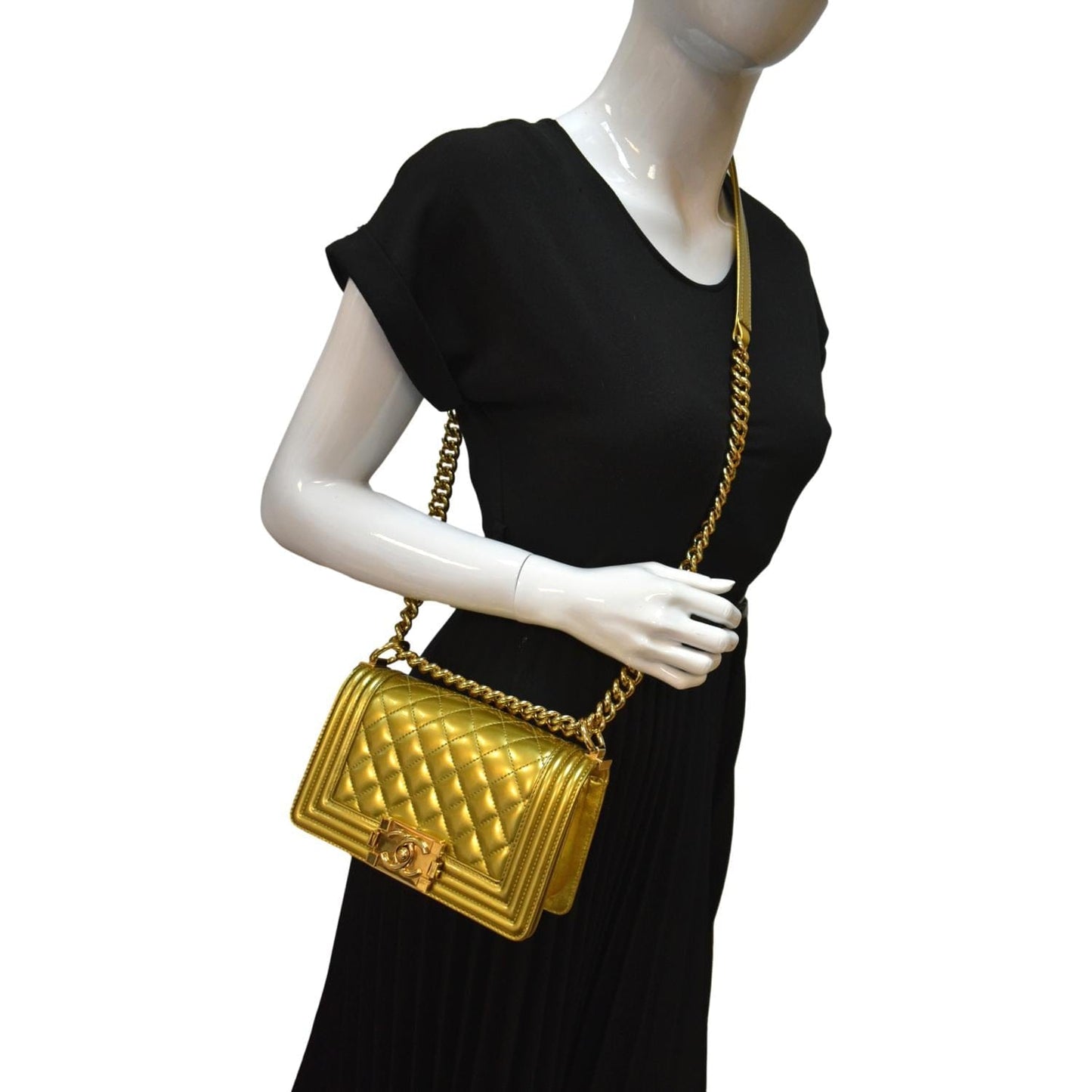 Chanel Boy Flap Quilted Patent Leather Gold Travel Bag