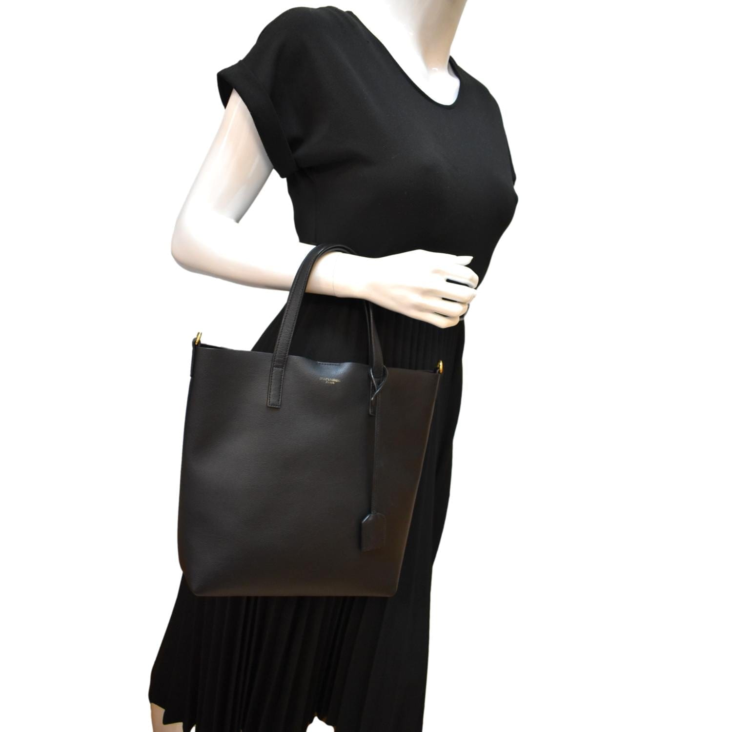YSL Saint Laurent Yves Supple Shopping Tote Bag Leather Black Toy