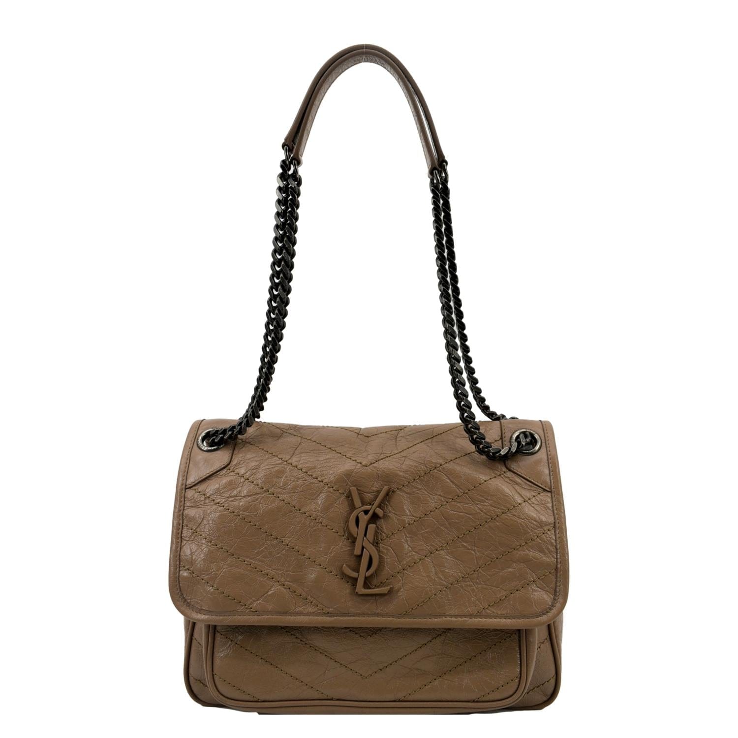 YSL Saint Laurent Yves Niki Crossbody Bag Greyish Leather Brown Medium