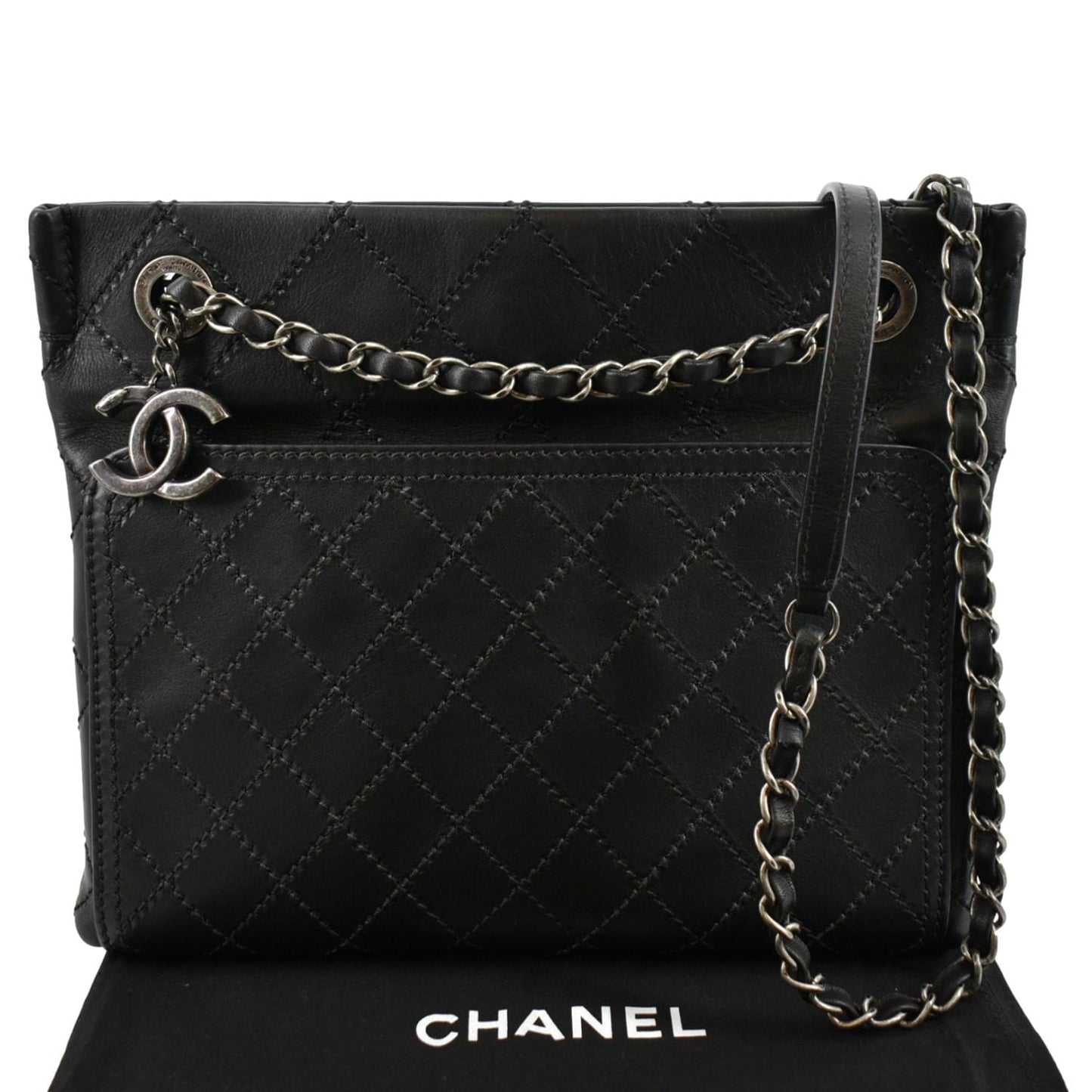 Chanel Stitched CC Pocket Leather Black Travel Bag