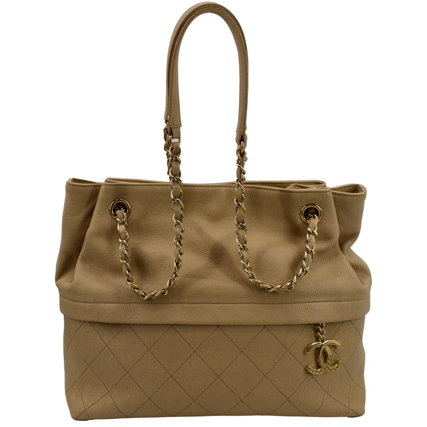 Chanel Zip Carry Grained Shopping Leather Calfskin Beige Travel Bag
