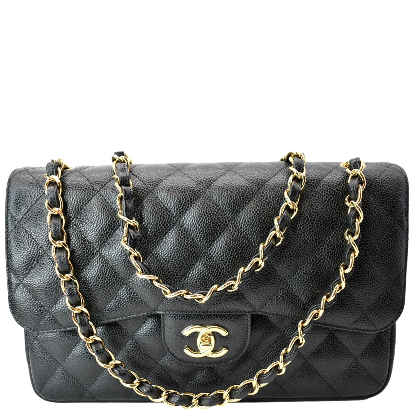 Chanel Classic Jumbo Double Flap Caviar Leather Black Travel Bag Flap Bag