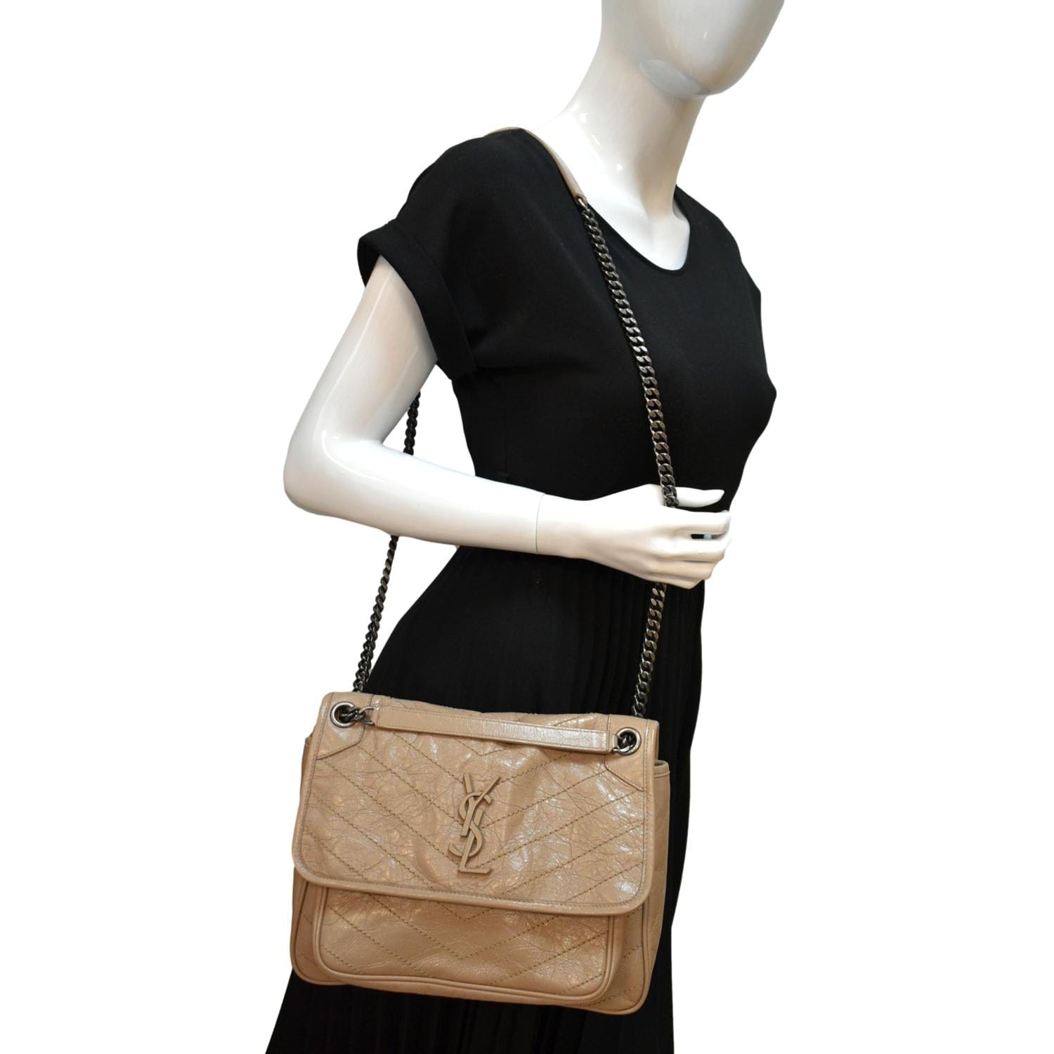 YSL Saint Laurent Yves Niki Crossbody Bag Greyish Leather Brown Medium