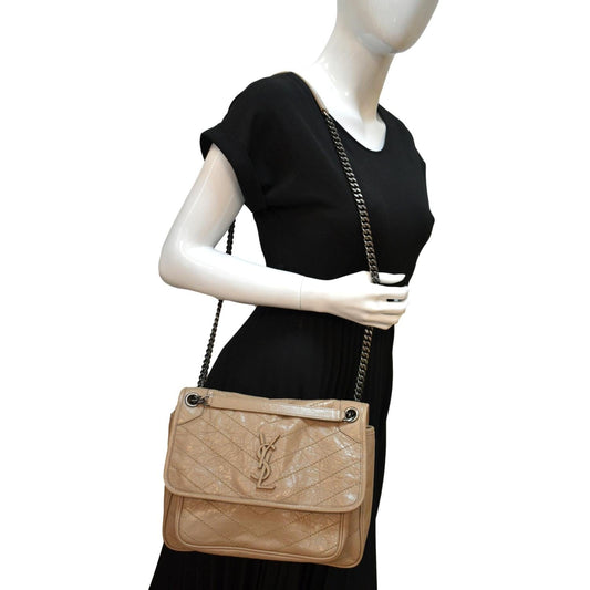 YSL Saint Laurent Yves Niki Crossbody Bag Greyish Leather Brown Medium