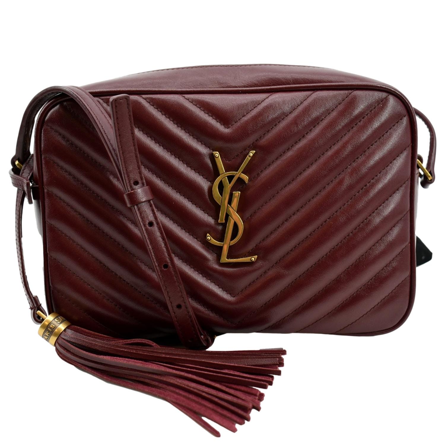 YSL Saint Laurent Yves Lou Camera Chevron Crossbody Bag Maroon Leather