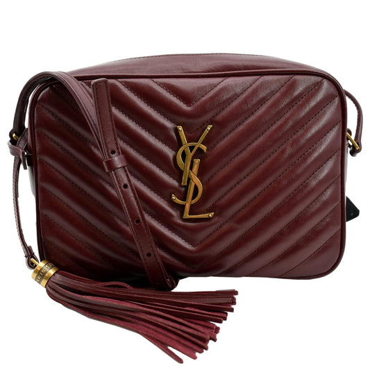 YSL Saint Laurent Yves Lou Camera Chevron Crossbody Bag Maroon Leather