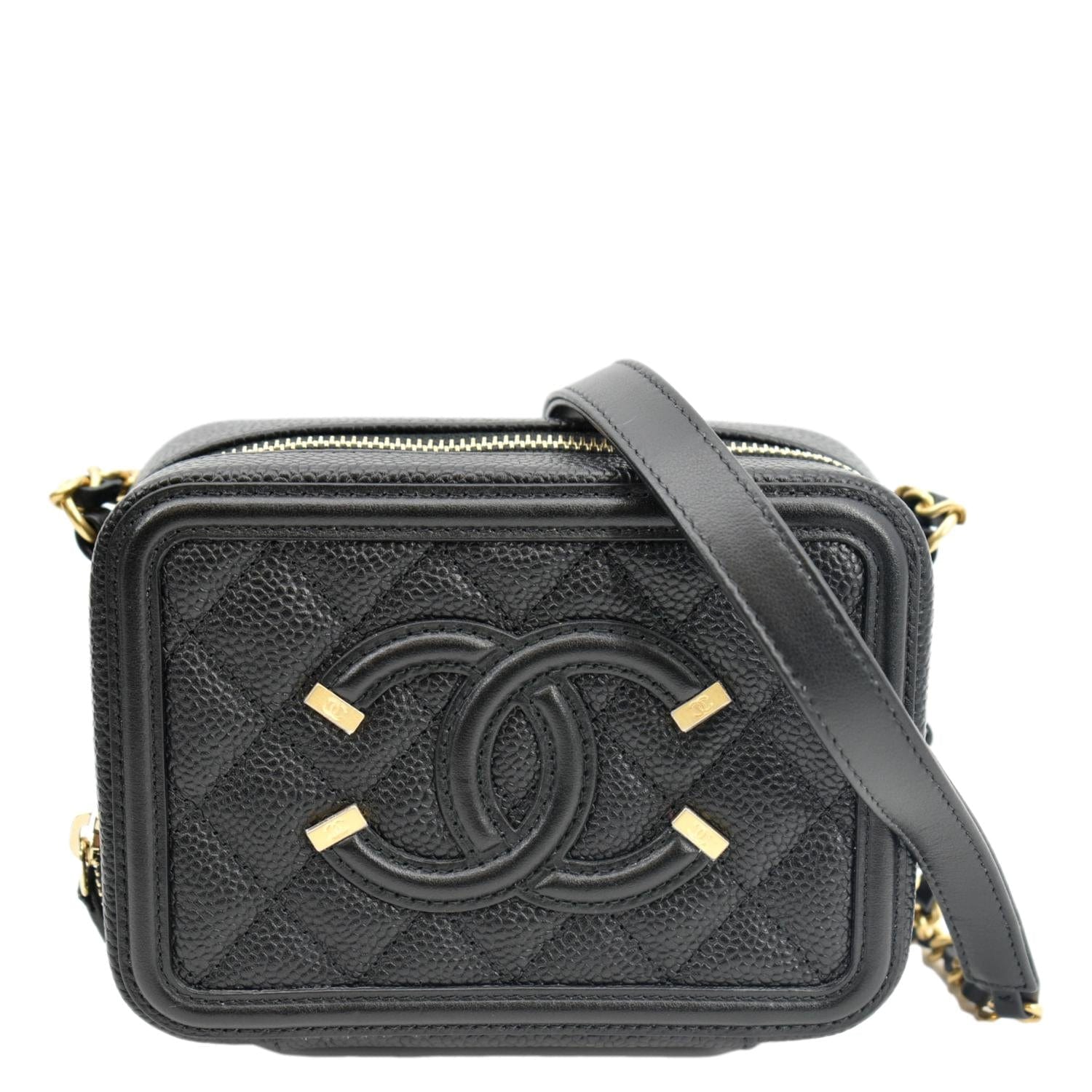 Chanel CC Filigree Vanity Quilted Caviar Leather Black Travel Bag