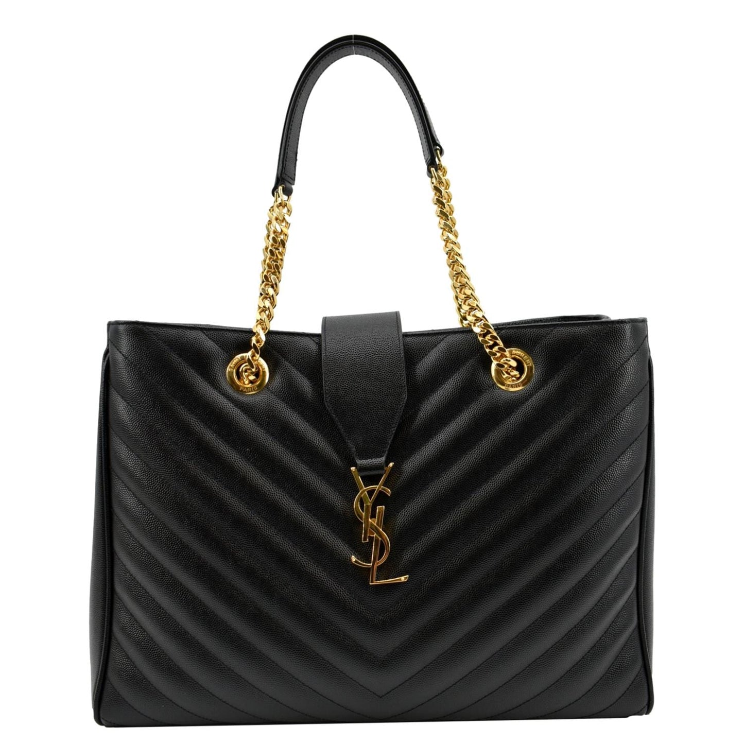 YSL Saint Laurent Yves Chevron Shopping Tote Shoulder Bag Leather Black