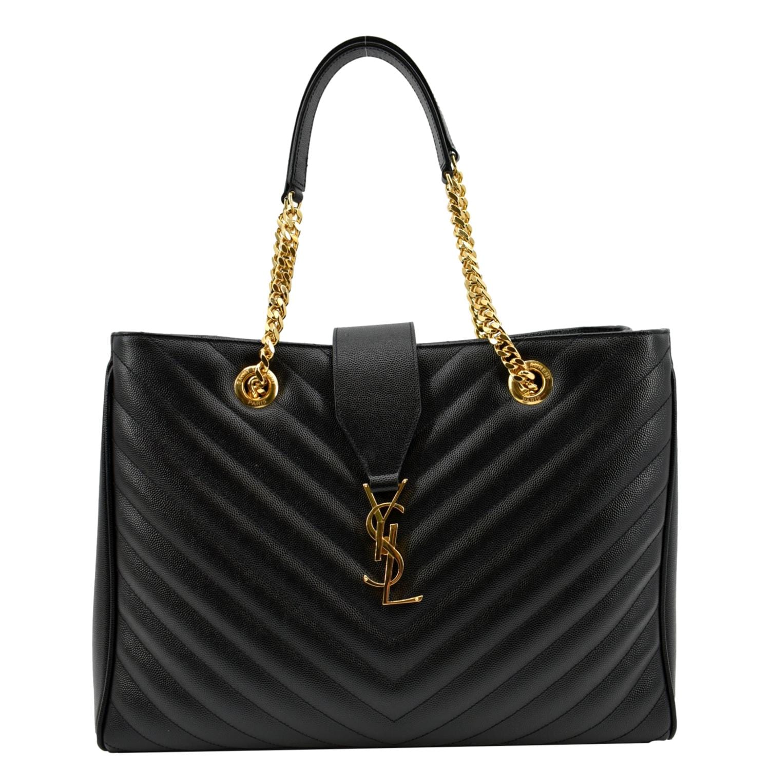 YSL Saint Laurent Saint Chevron Shopping Tote Shoulder Bag Leather Black