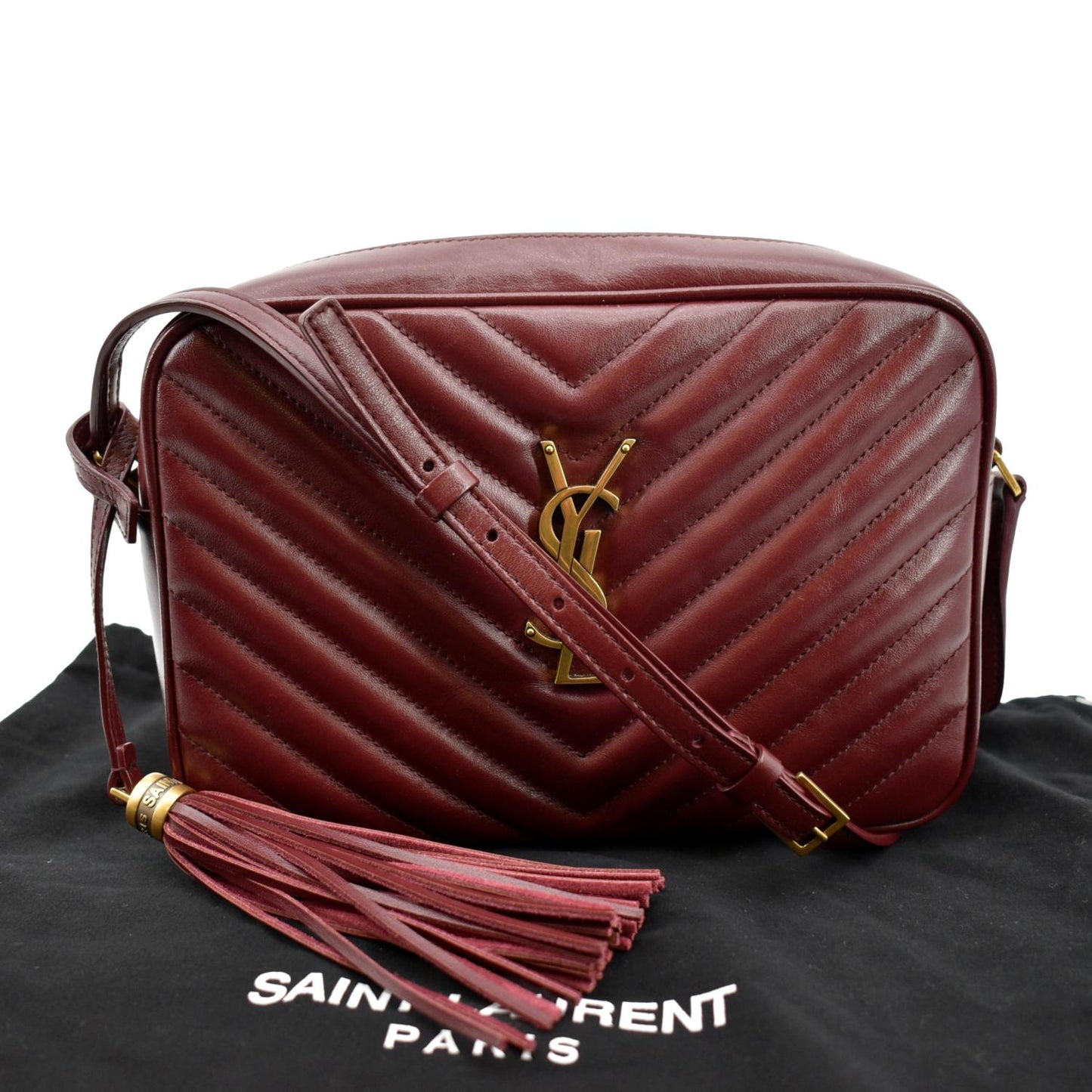 YSL Saint Laurent Yves Lou Camera Chevron Crossbody Bag Maroon Leather