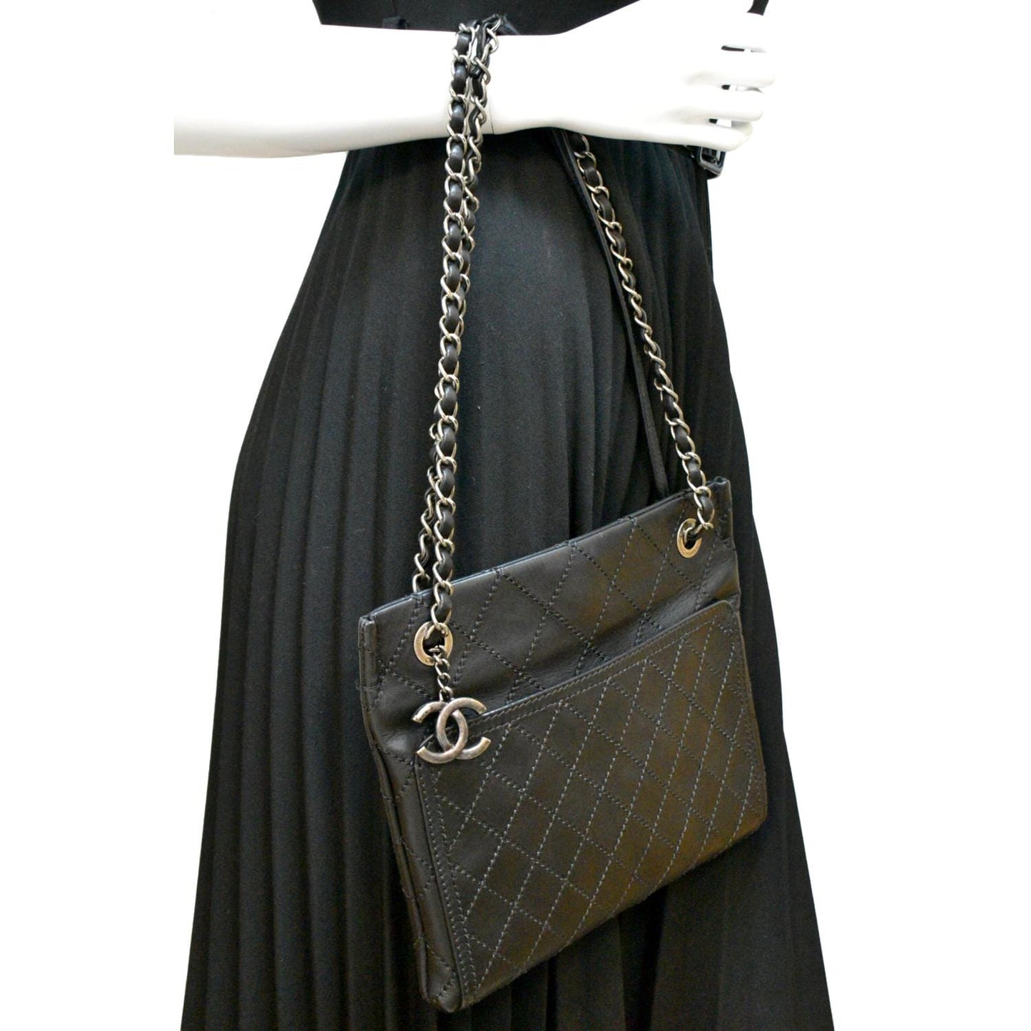 Chanel Stitched CC Pocket Leather Black Travel Bag