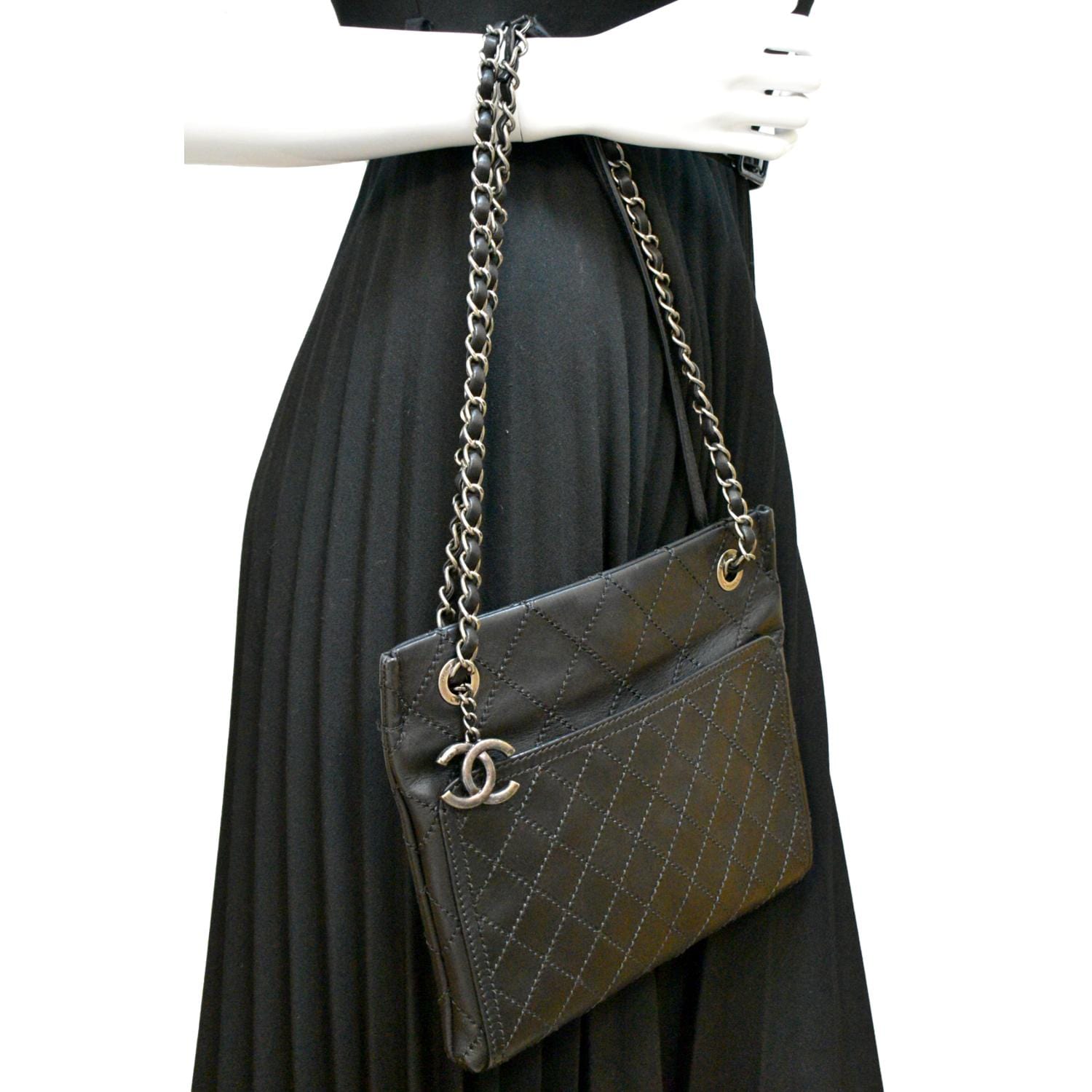 Chanel Stitched CC Pocket Leather Black Travel Bag