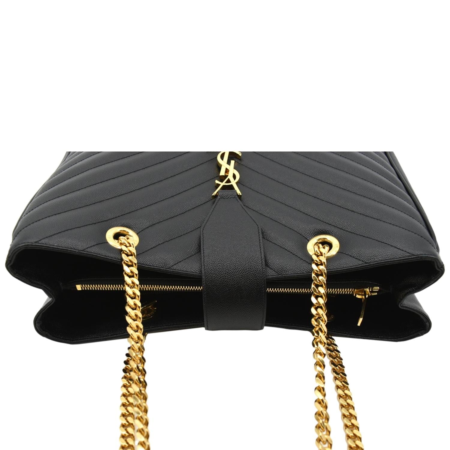 YSL Saint Laurent Yves Chevron Shopping Tote Shoulder Bag Leather Black