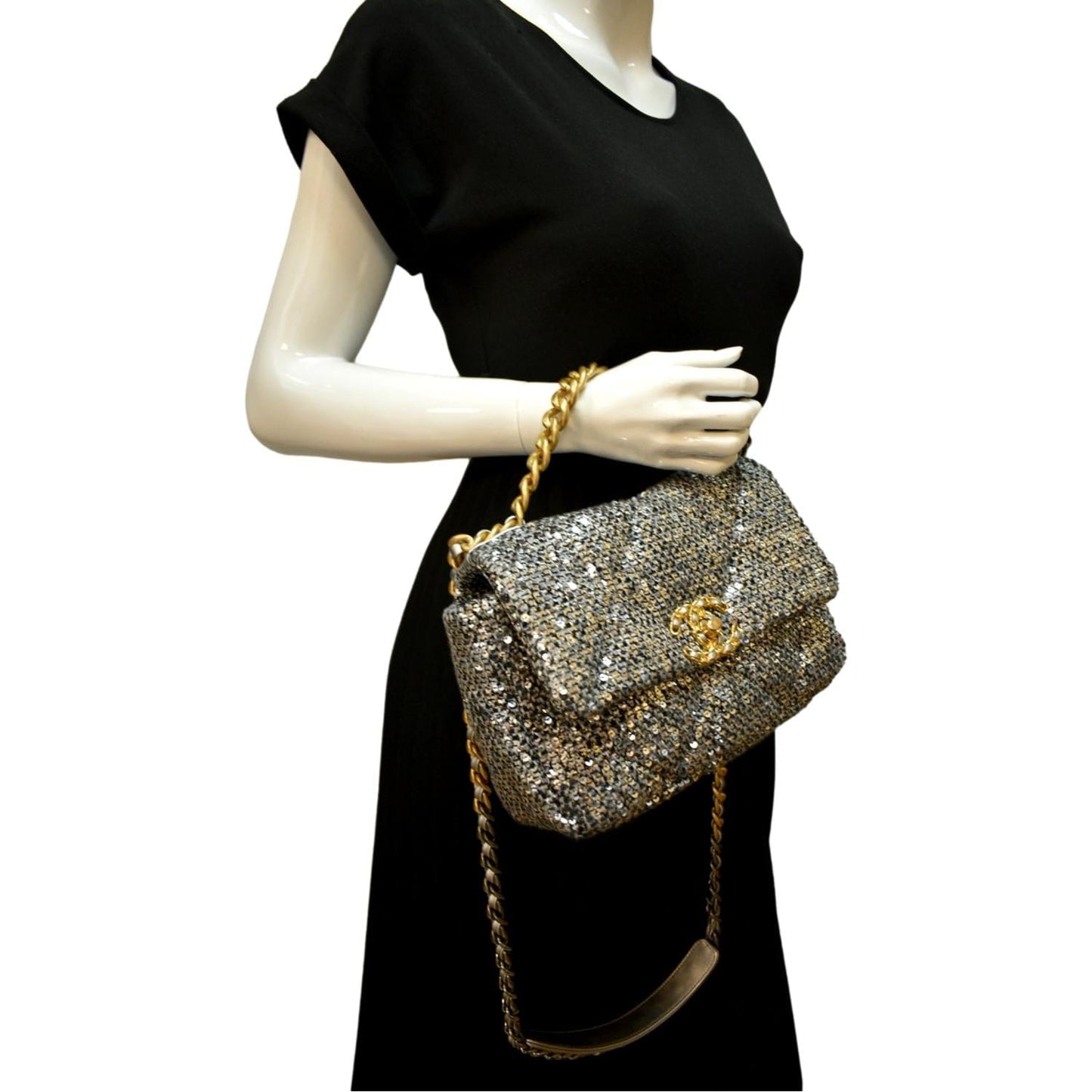 Louis Vuitton CHANEL 19 Flap Sequin Silver Travel Bag