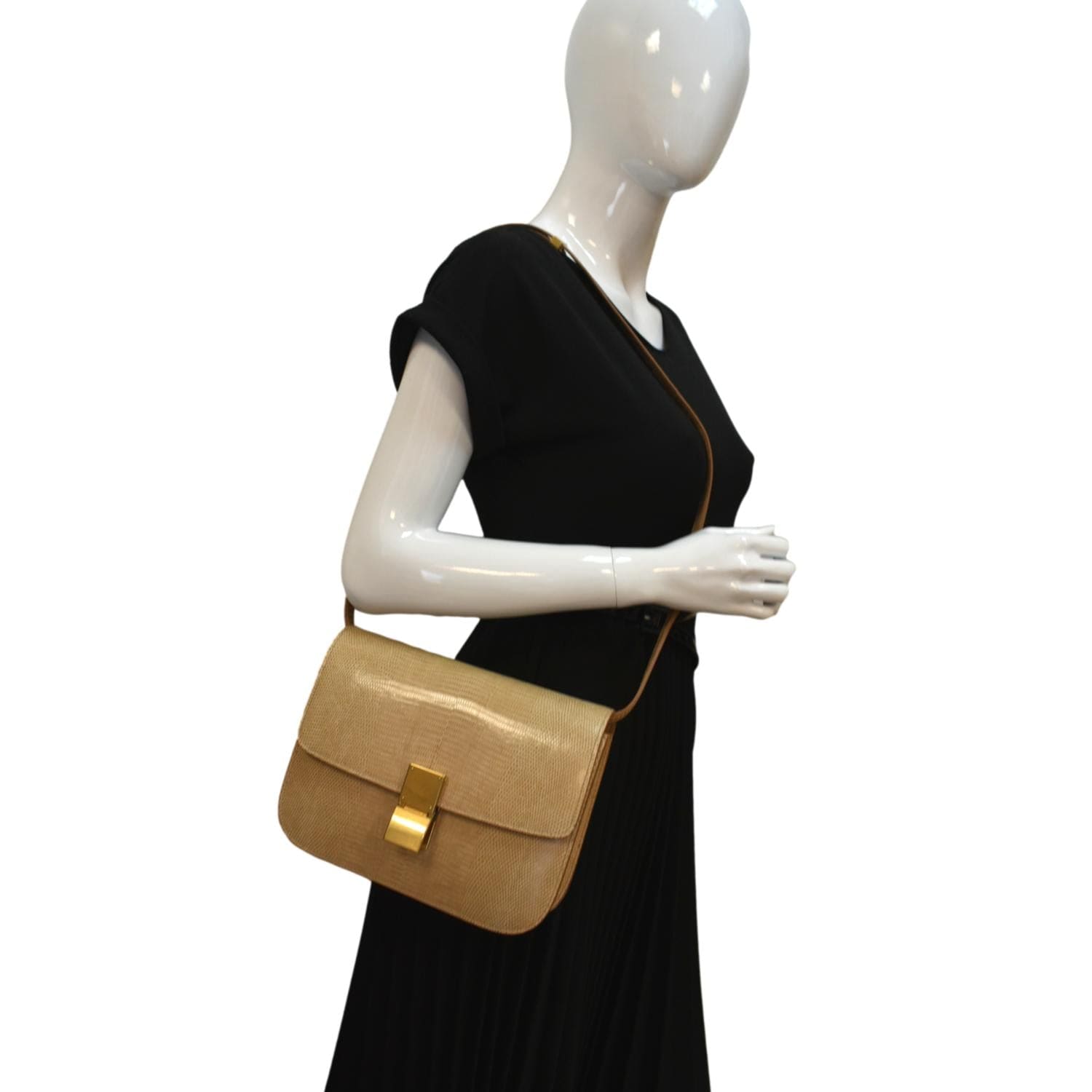 Classic Box Lizard Shoulder Bag Leather Beige