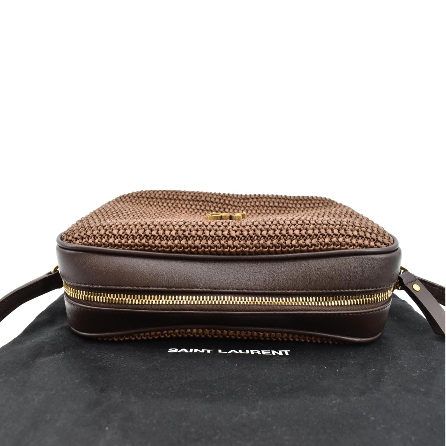 YSL Saint Laurent Yves Lou Camera Crossbody Bag Canvas Raffia Brown