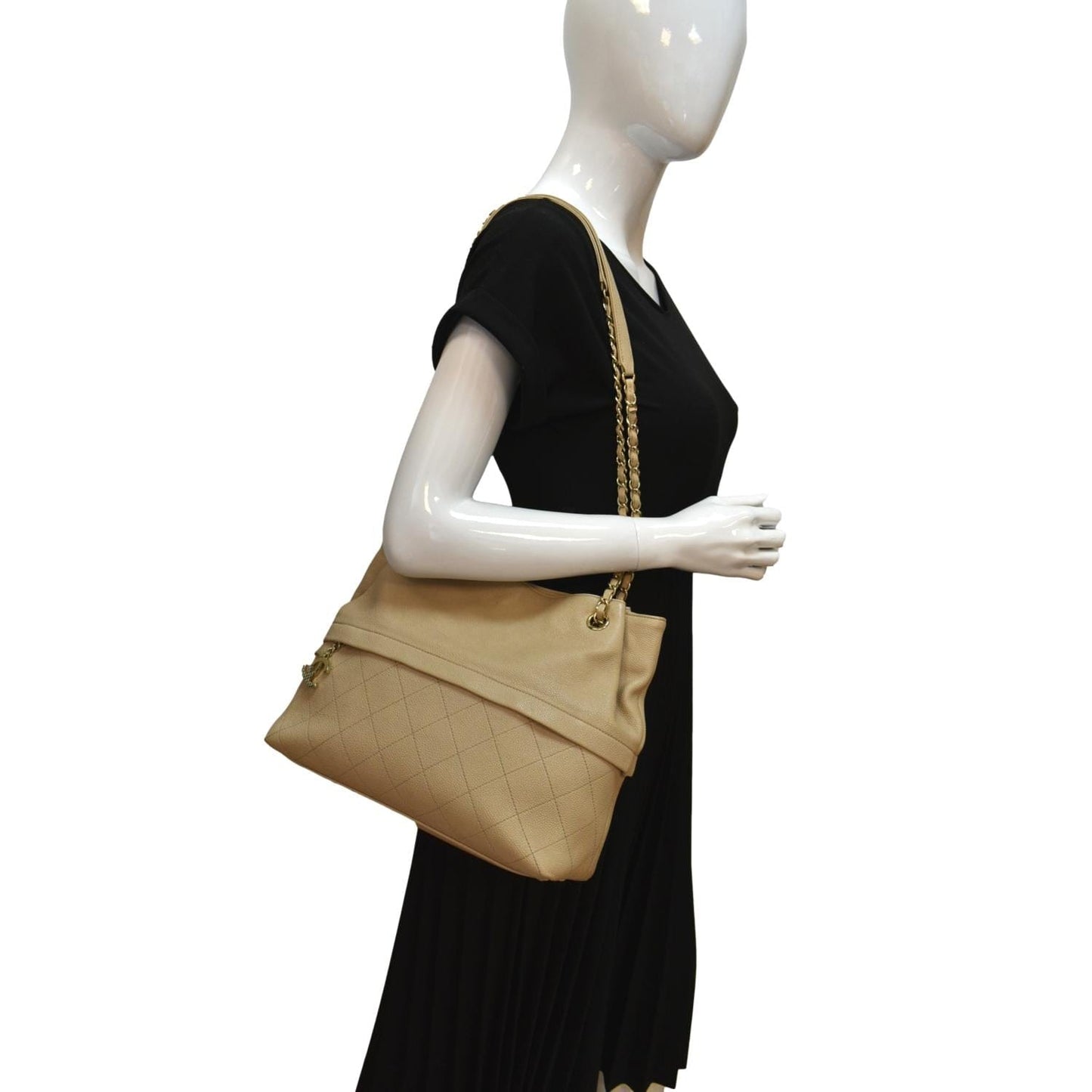 Chanel Zip Carry Grained Shopping Leather Calfskin Beige Travel Bag