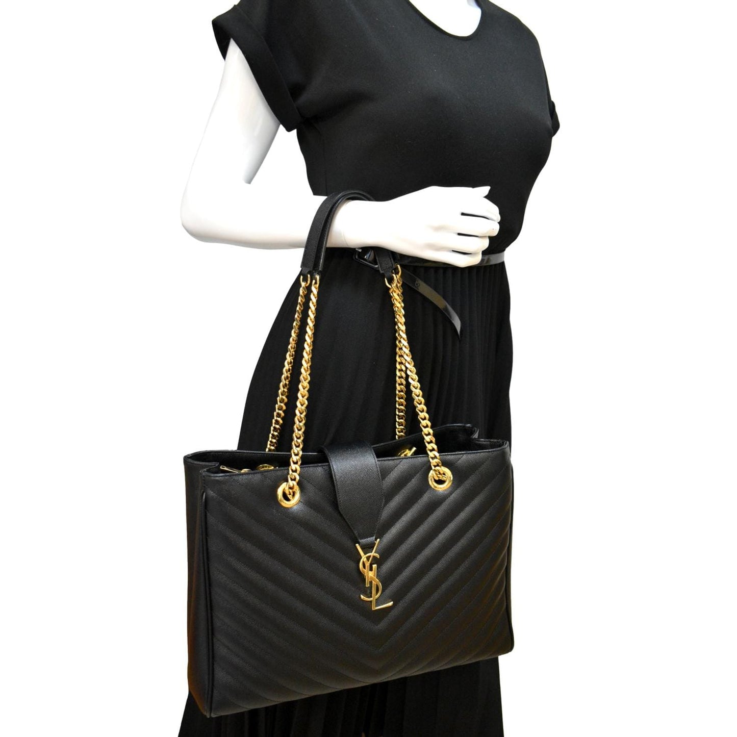 YSL Saint Laurent Yves Chevron Shopping Tote Shoulder Bag Leather Black
