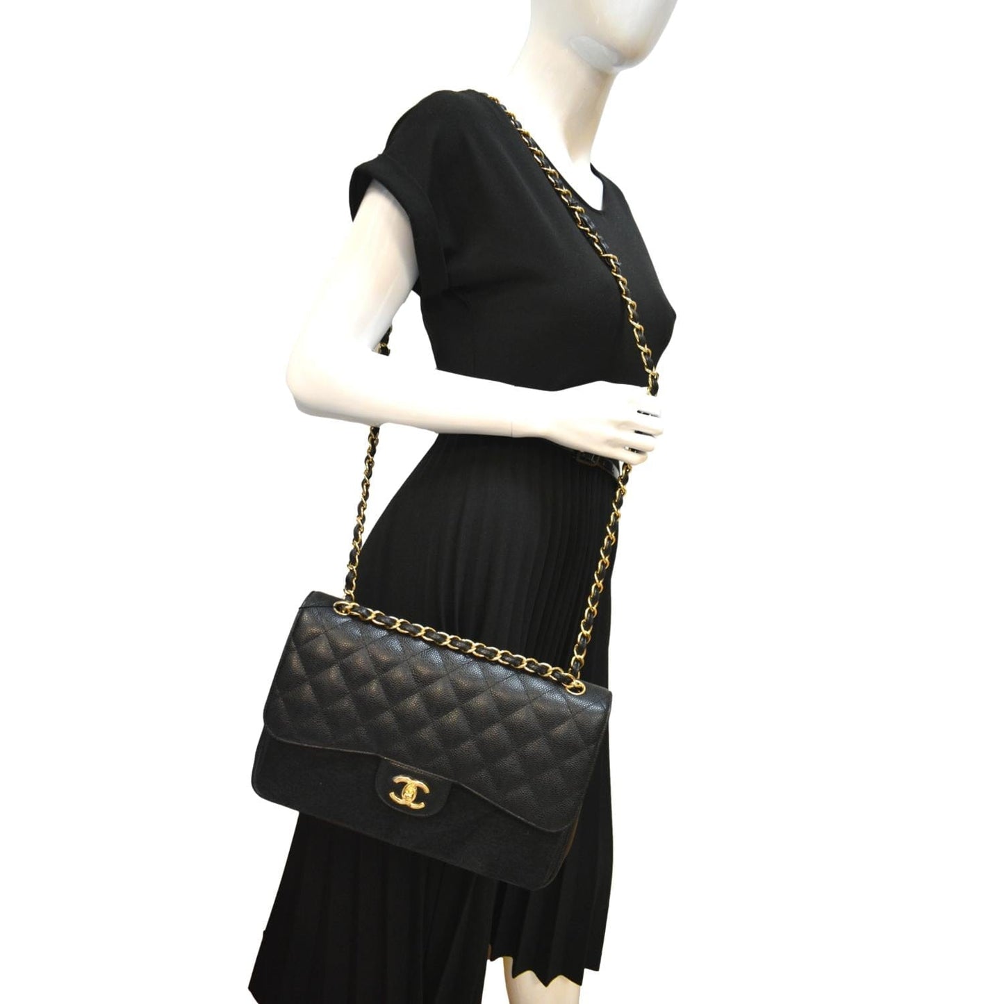 Chanel Classic Jumbo Double Flap Caviar Leather Black Travel Bag Flap Bag