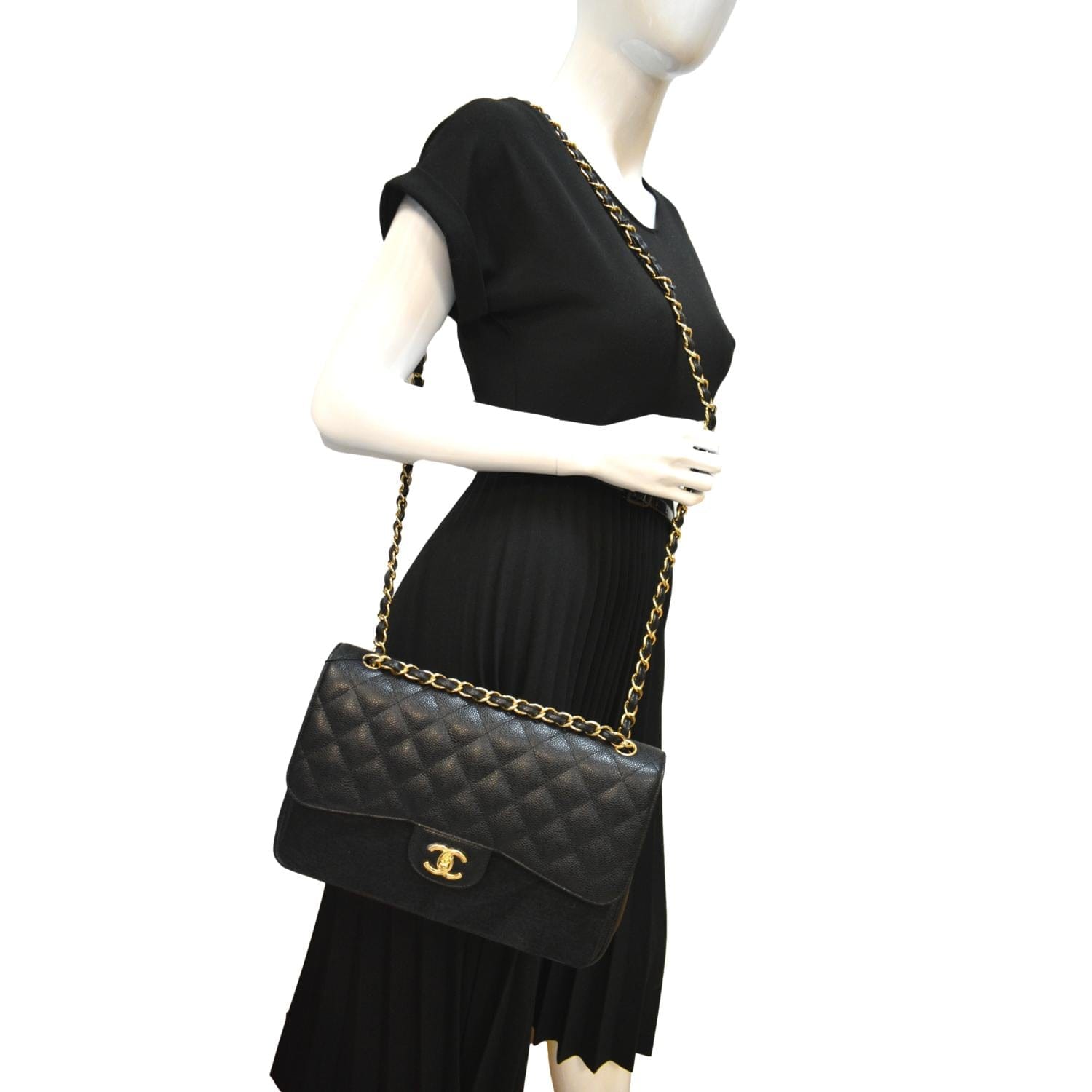 Chanel Classic Jumbo Double Flap Caviar Leather Black Travel Bag Flap Bag
