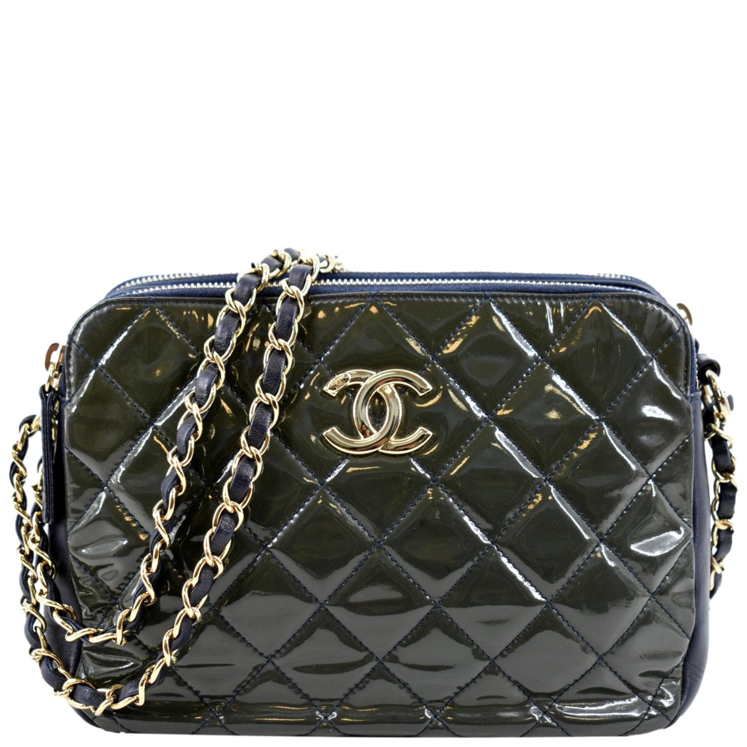 Chanel Double Zip Patent Navy Leather Blue Travel Bag
