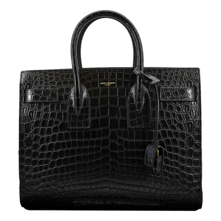 YSL Saint Laurent Saint Sac De Jour Crocodile Embossed Satchel Black Travel Bag