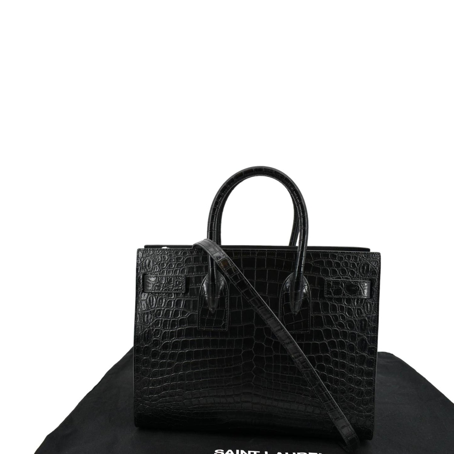 YSL Saint Laurent Yves Sac De Jour Crocodile Satchel Bag Black Embossed