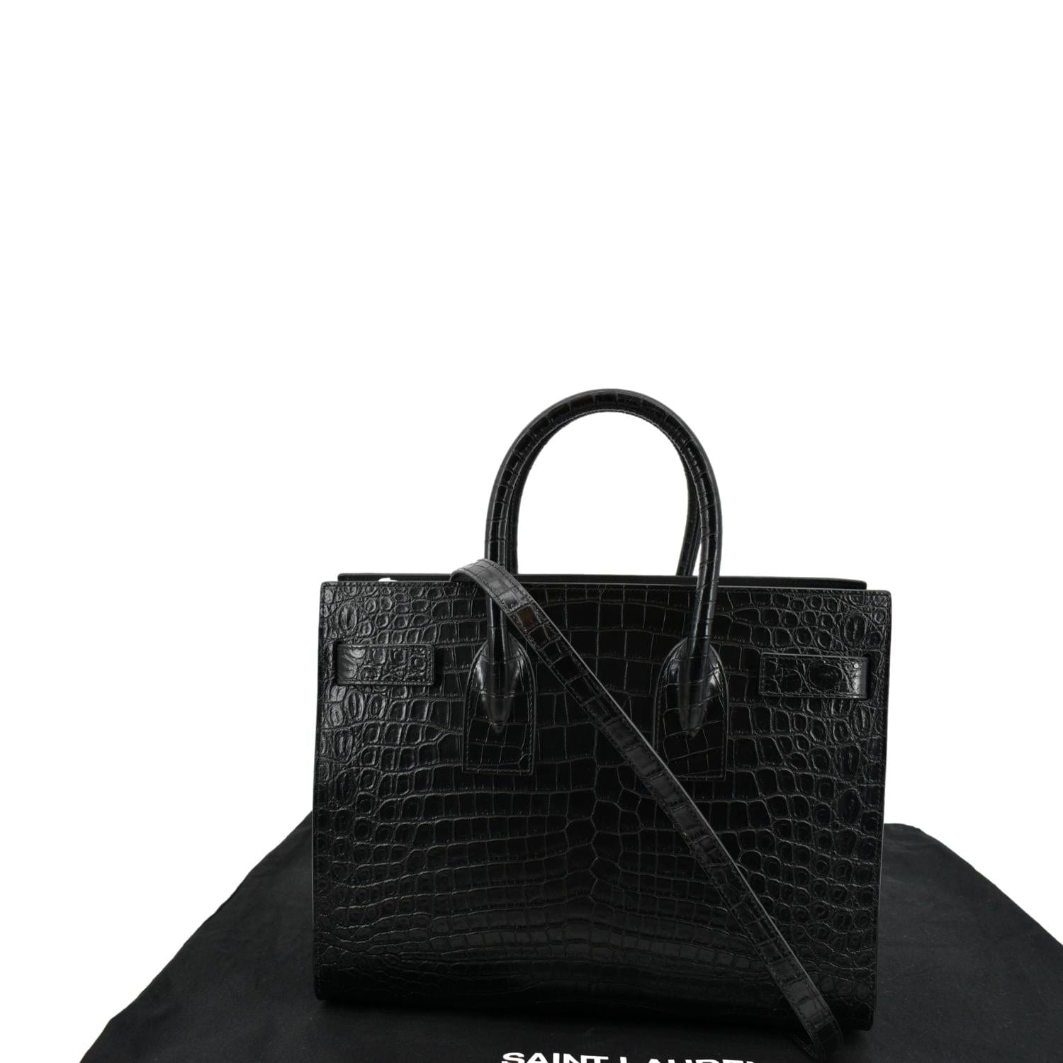 YSL Saint Laurent Yves Sac De Jour Crocodile Satchel Bag Black Embossed