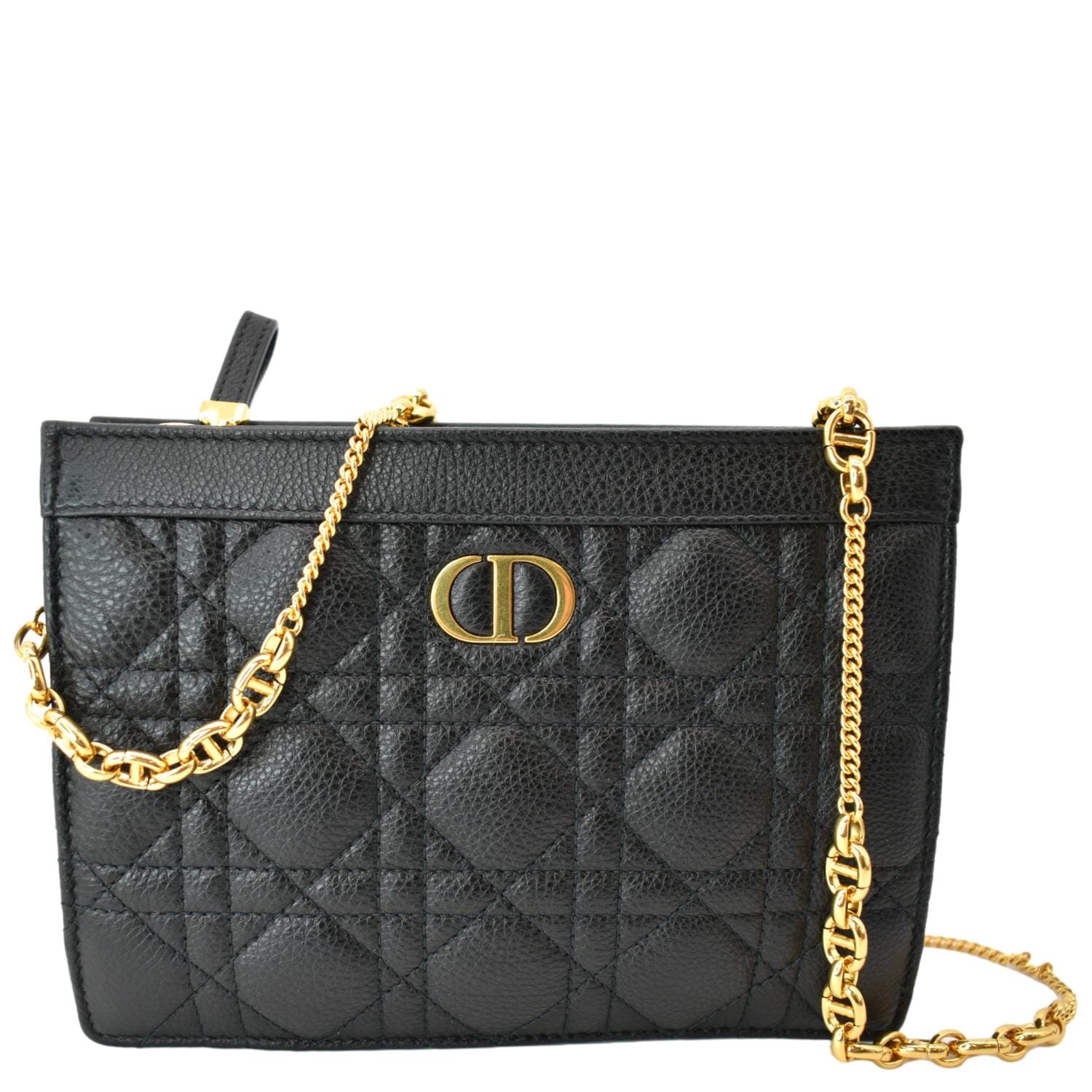 Dior Caro Cannage Calfskin Zipped Pouch Handbag Black Travel Bag